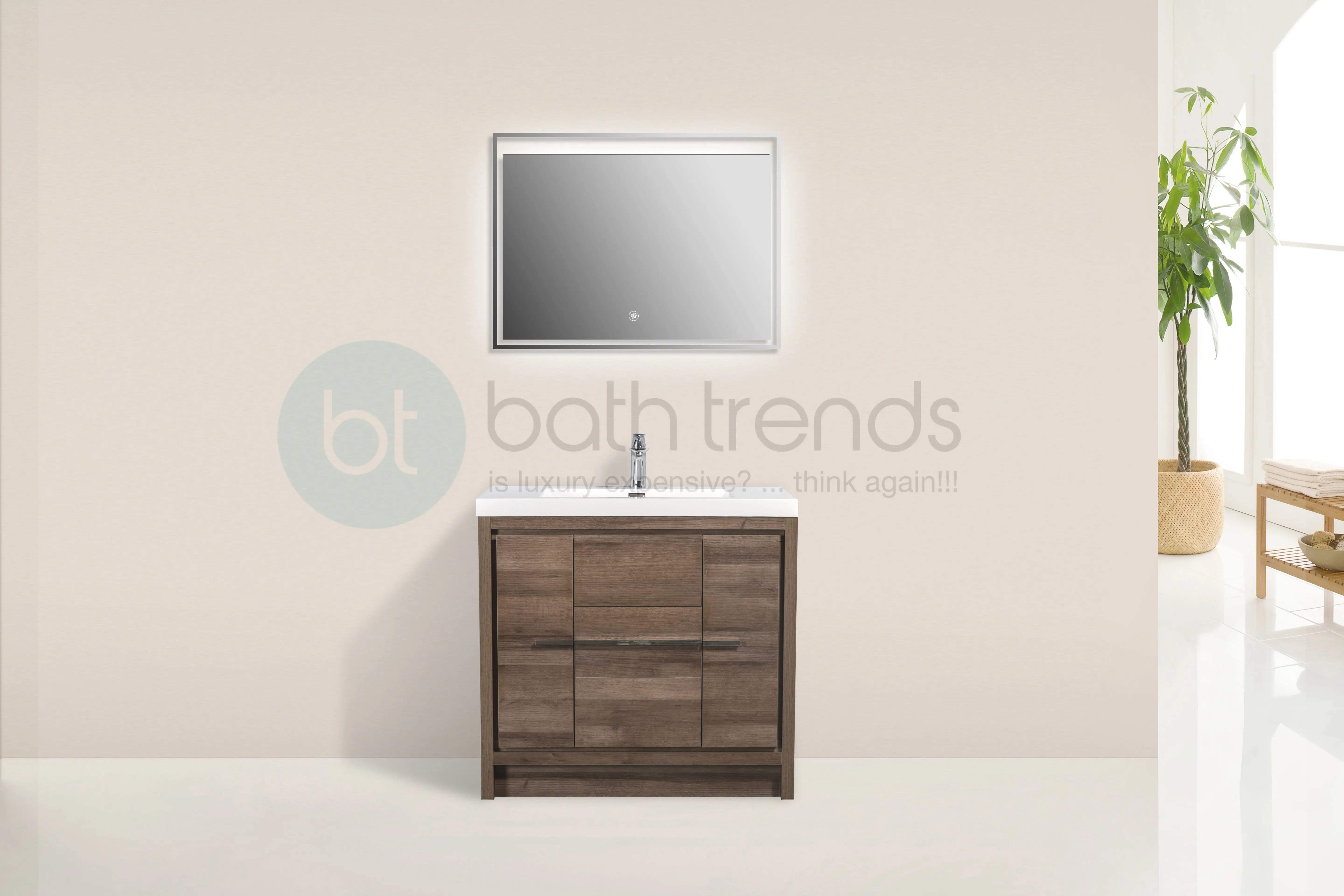 Granada 35.5 Brown Oak With Chrome Handle Cabinet, Square Cultured Marble Sink, Free Standing Modern Vanity Set