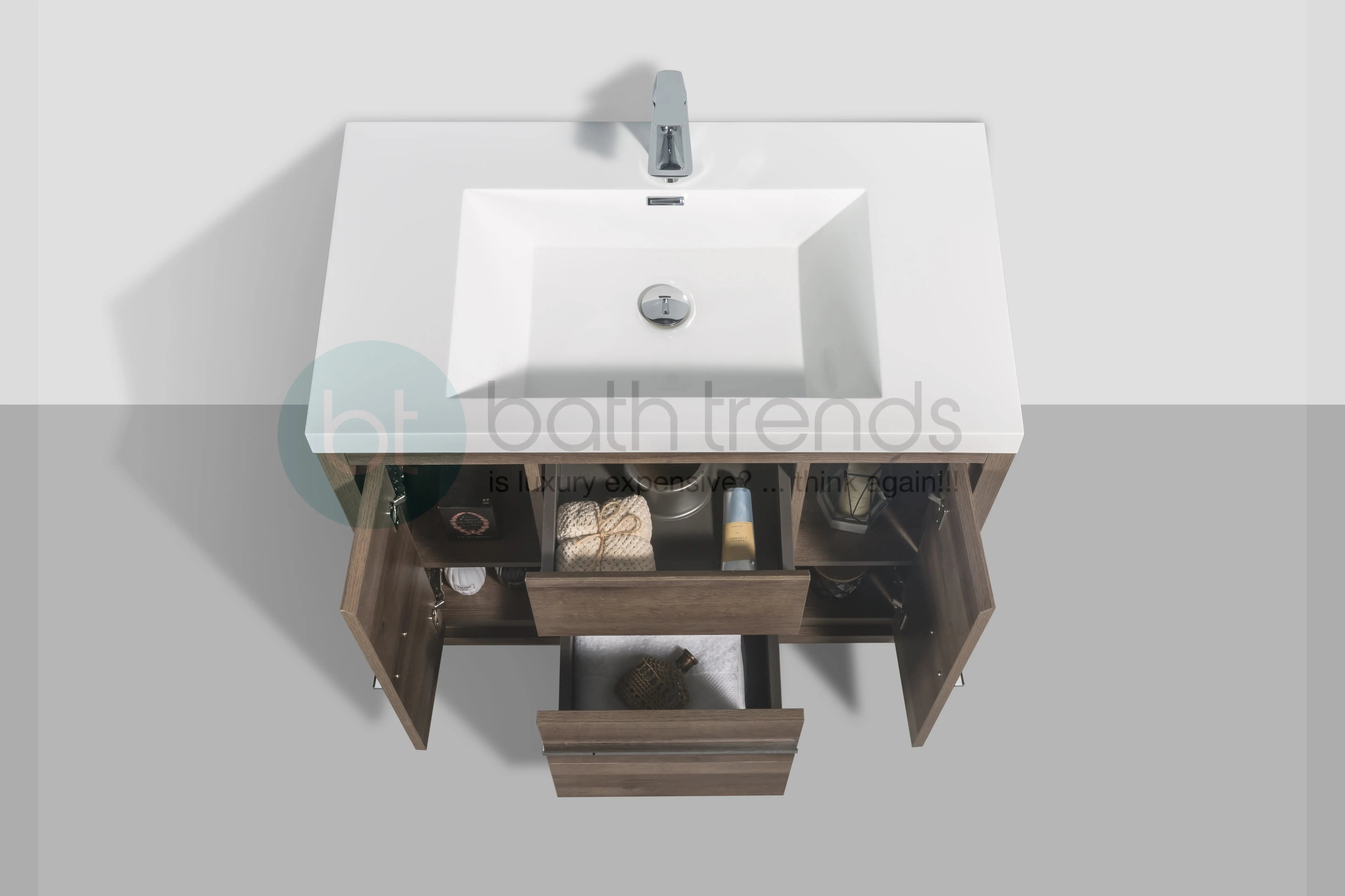 Granada 35.5 Brown Oak With Chrome Handle Cabinet, Square Cultured Marble Sink, Free Standing Modern Vanity Set