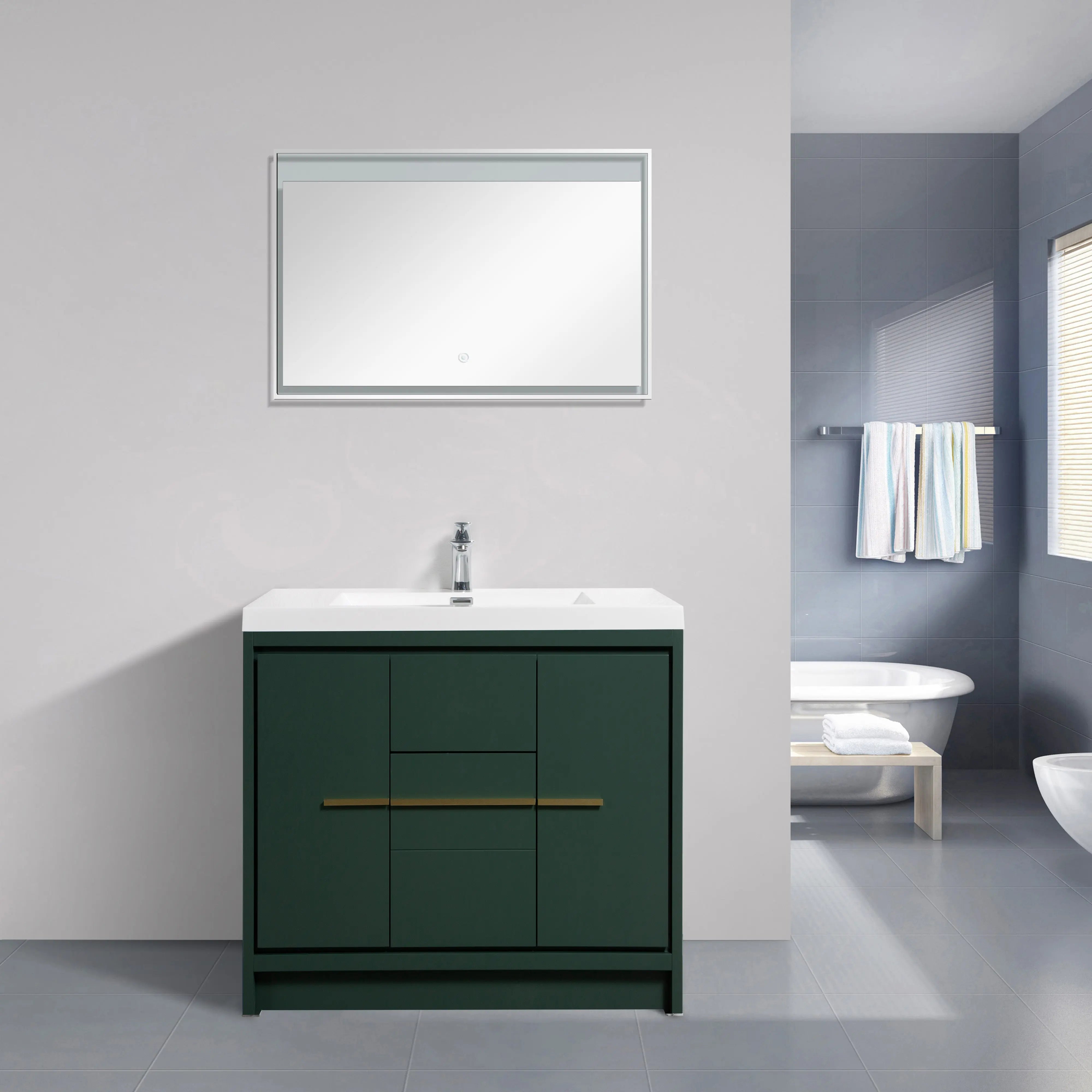 Granada 35.5 Nordic Green With Brush Gold Handle Cabinet, Square Cultured Marble Sink, Free Standing Modern Vanity Set