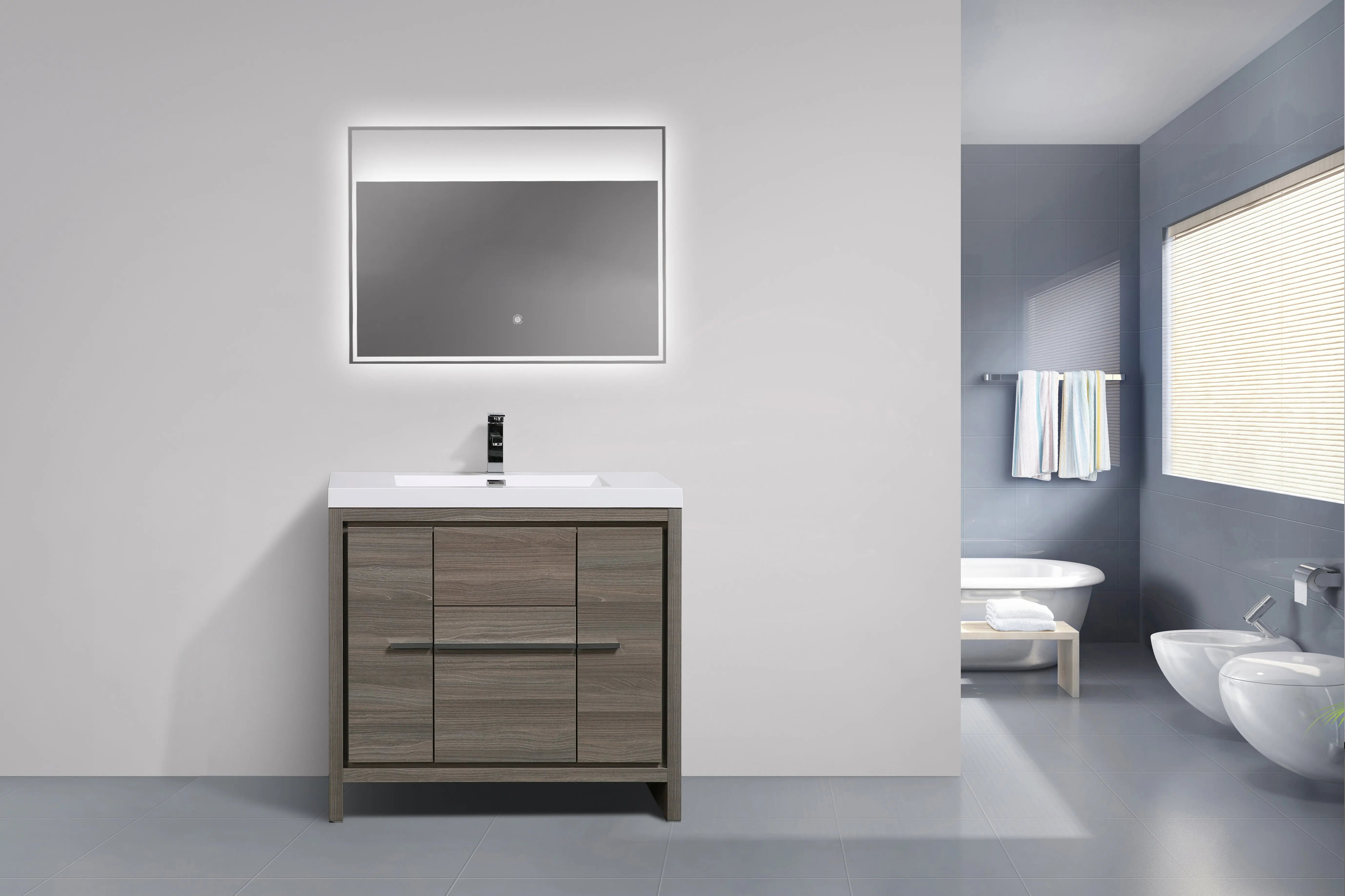 Granada 35.5 Maple Grey With Chrome Handle Cabinet, Square Cultured Marble Sink, Free Standing Modern Vanity Set