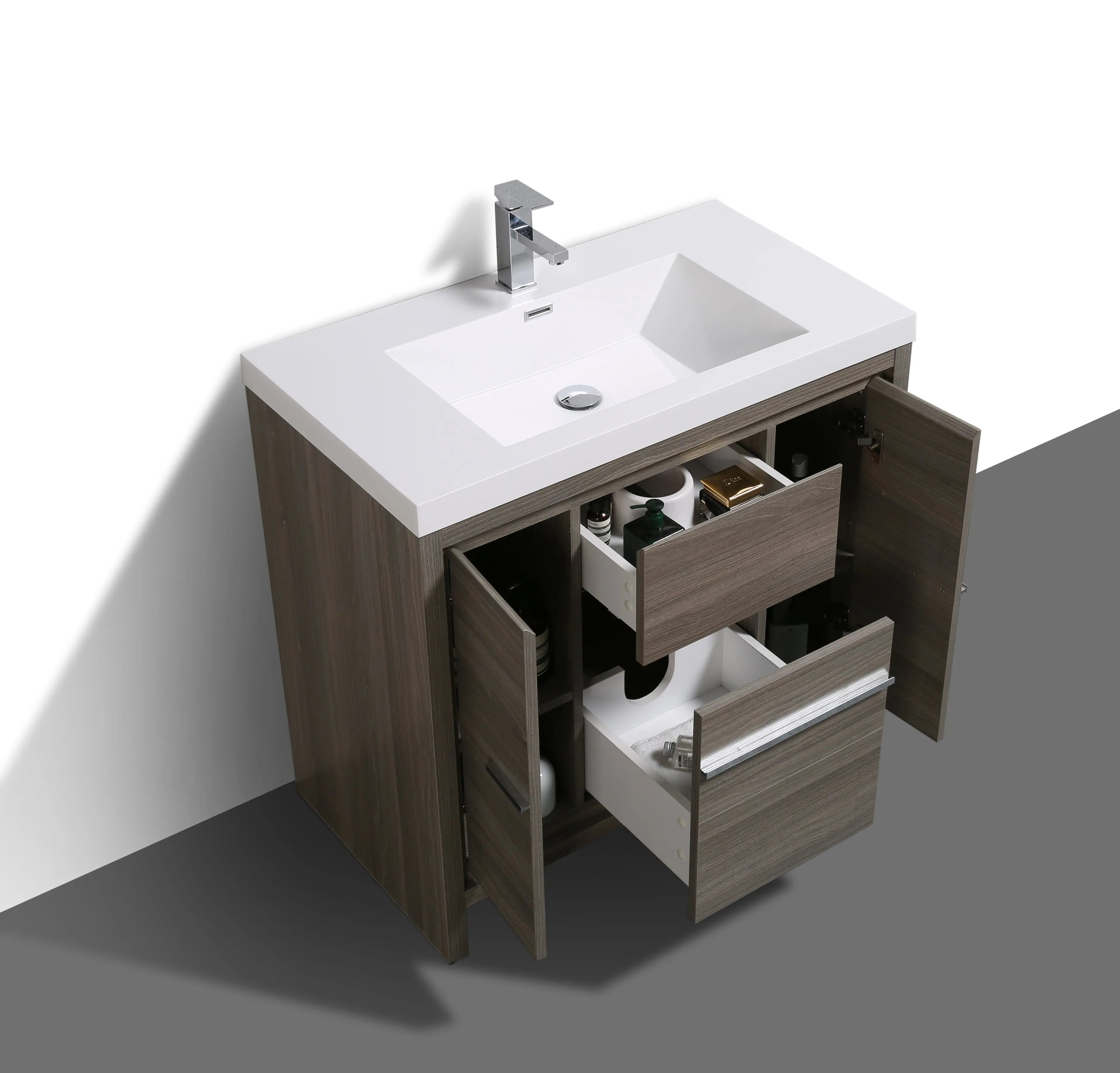 Granada 35.5 Maple Grey With Chrome Handle Cabinet, Square Cultured Marble Sink, Free Standing Modern Vanity Set