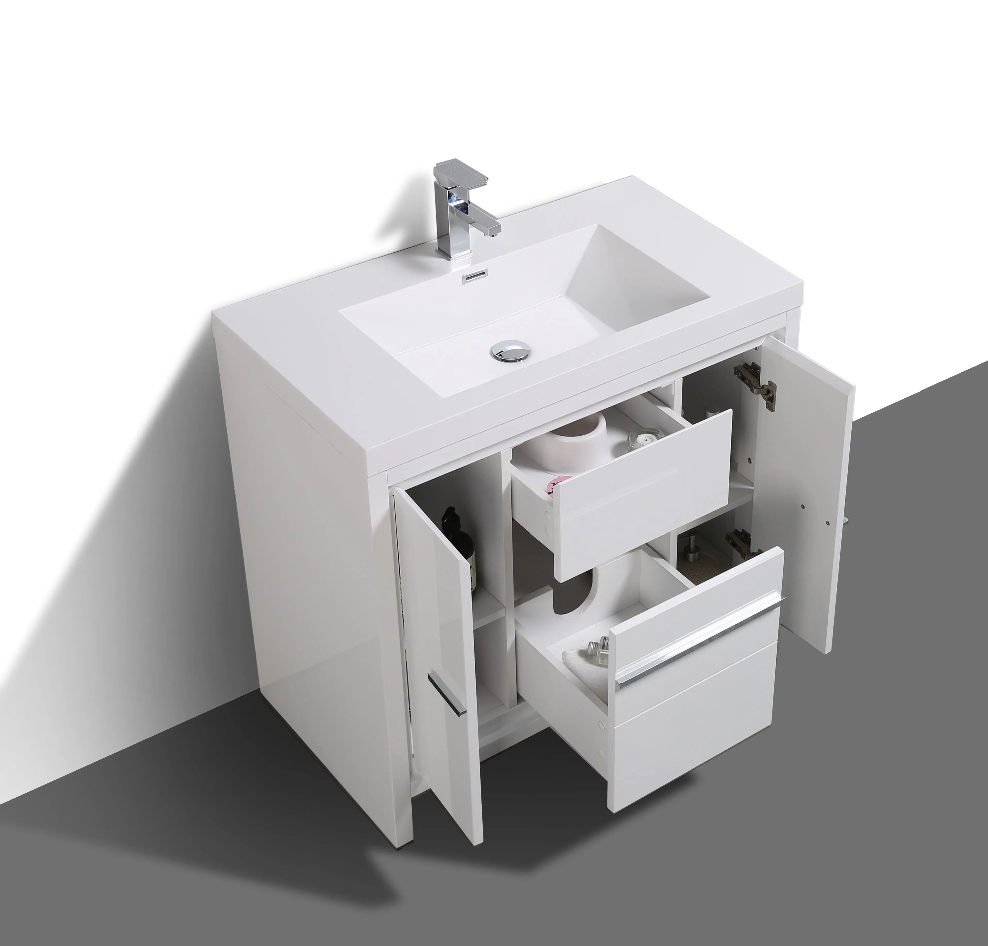 Granada 35.5 White High Gloss With Chrome Handle Cabinet, Square Cultured Marble Sink, Free Standing Modern Vanity Set