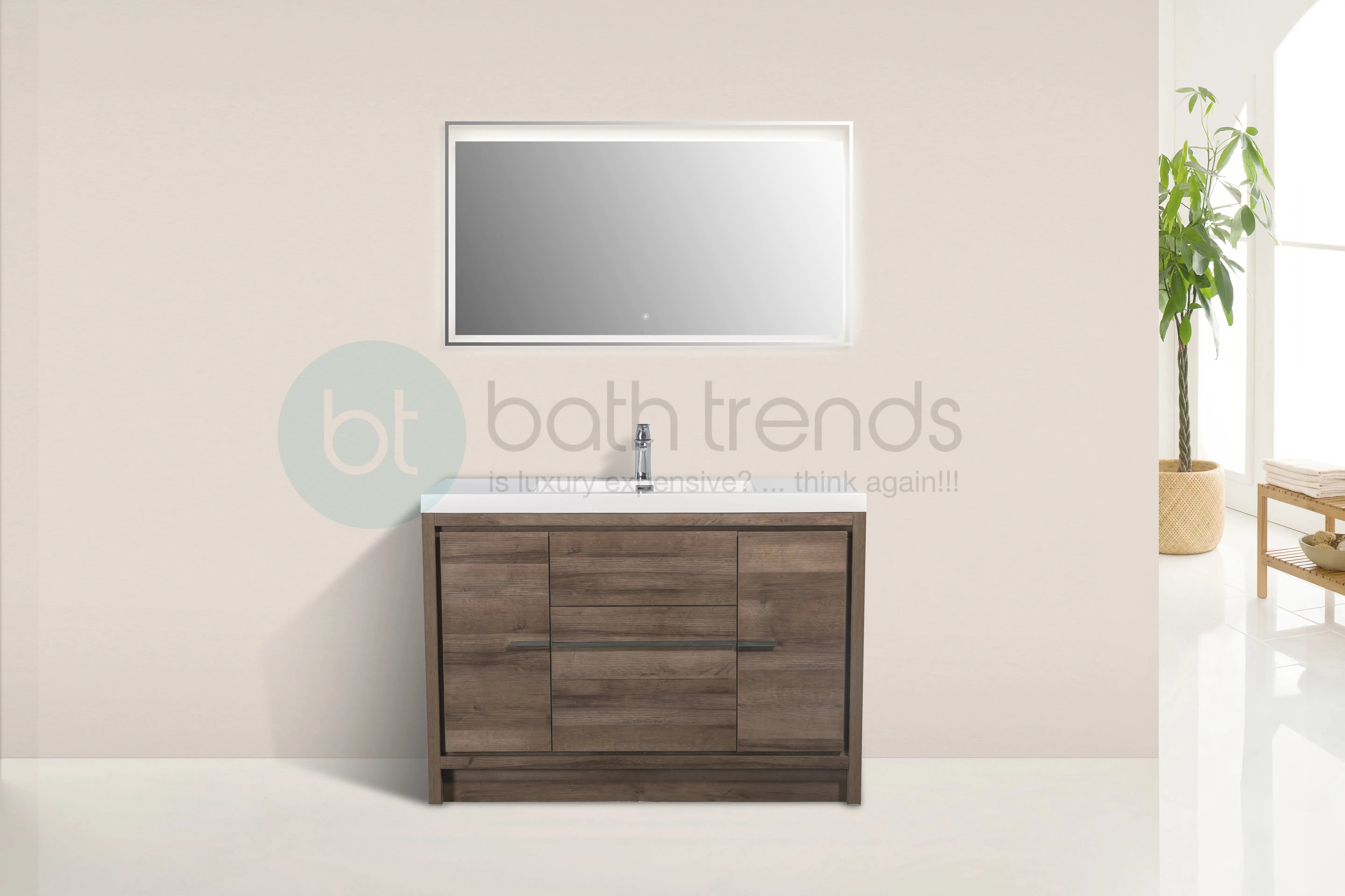 Granada 47.5 Brown Oak With Chrome Handle Cabinet, Square Cultured Marble Sink, Free Standing Modern Vanity Set