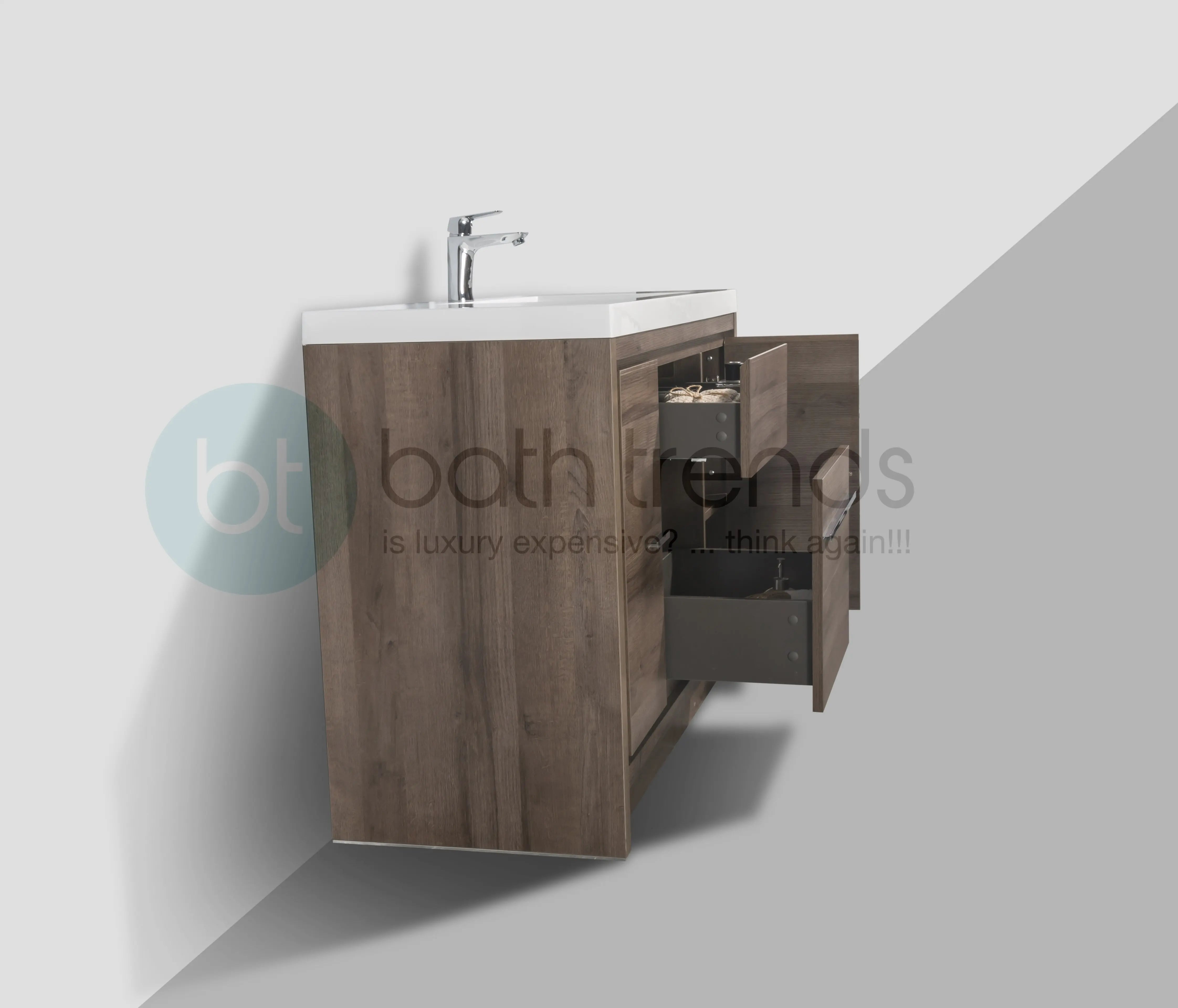 Granada 47.5 Brown Oak With Chrome Handle Cabinet, Square Cultured Marble Sink, Free Standing Modern Vanity Set