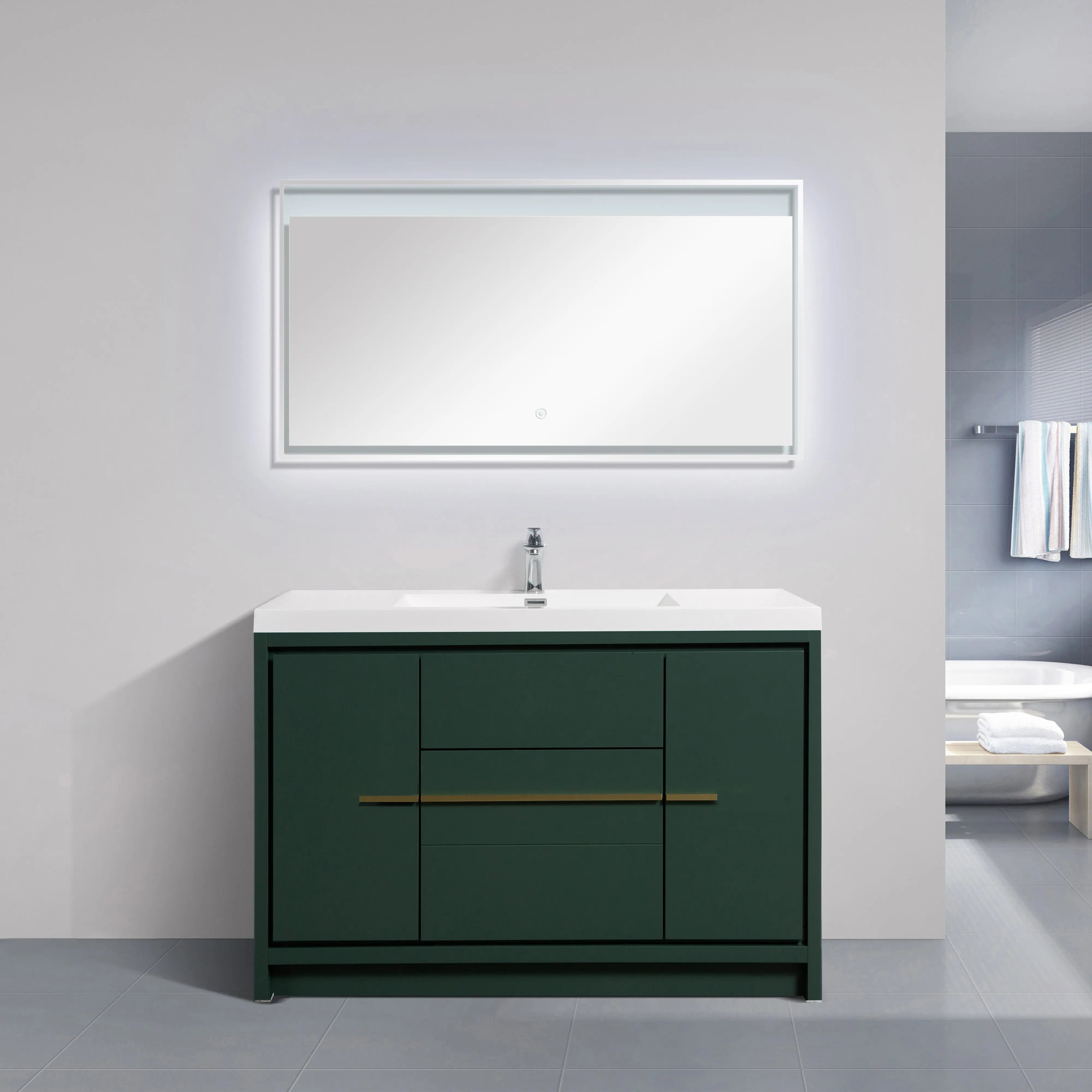 Granada 47.5 Nordic Green With Brush Gold Handle Cabinet, Square Cultured Marble Sink, Free Standing Modern Vanity Set