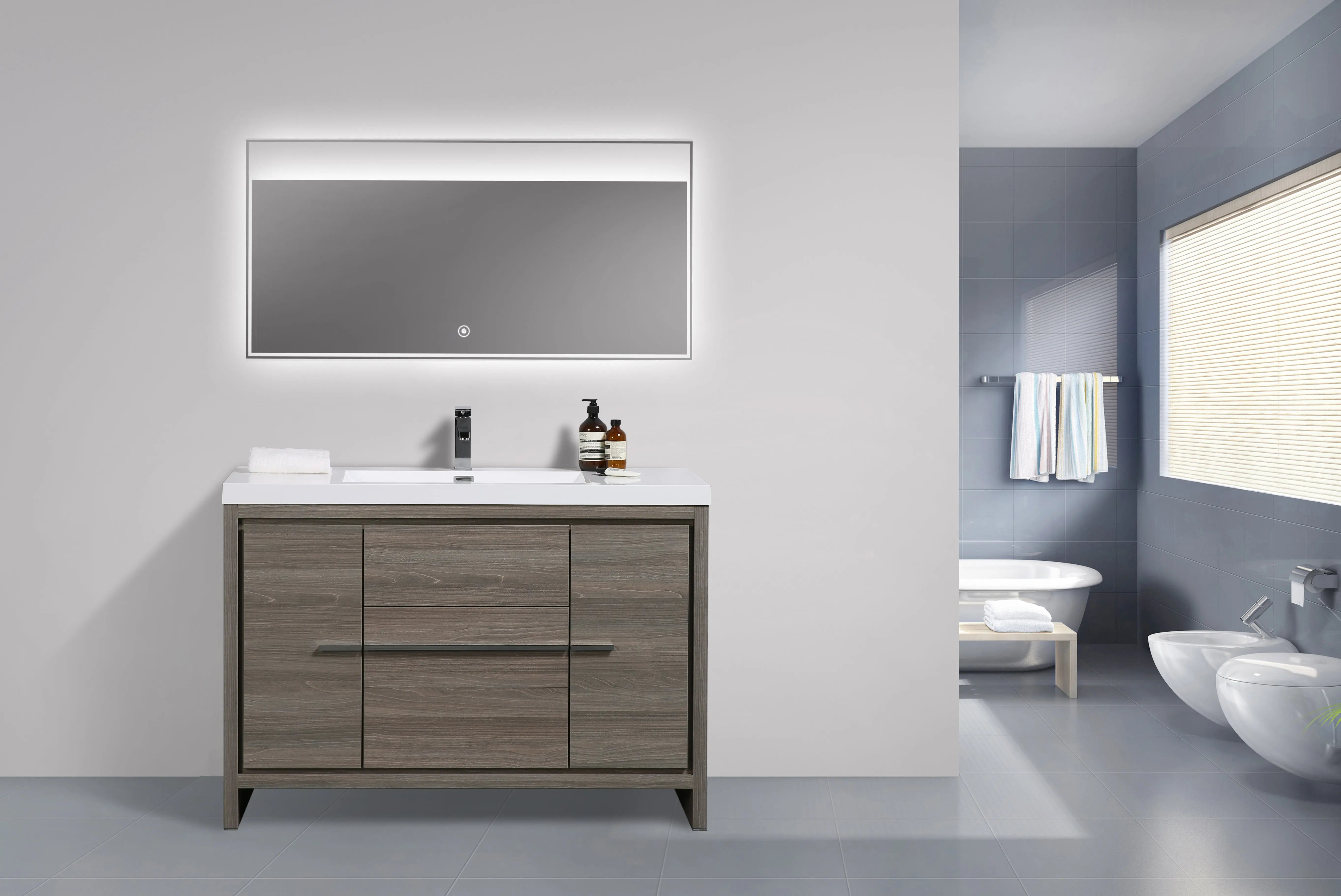 Granada 47.5 Maple Grey With Chrome Handle Cabinet, Square Cultured Marble Sink, Free Standing Modern Vanity Set