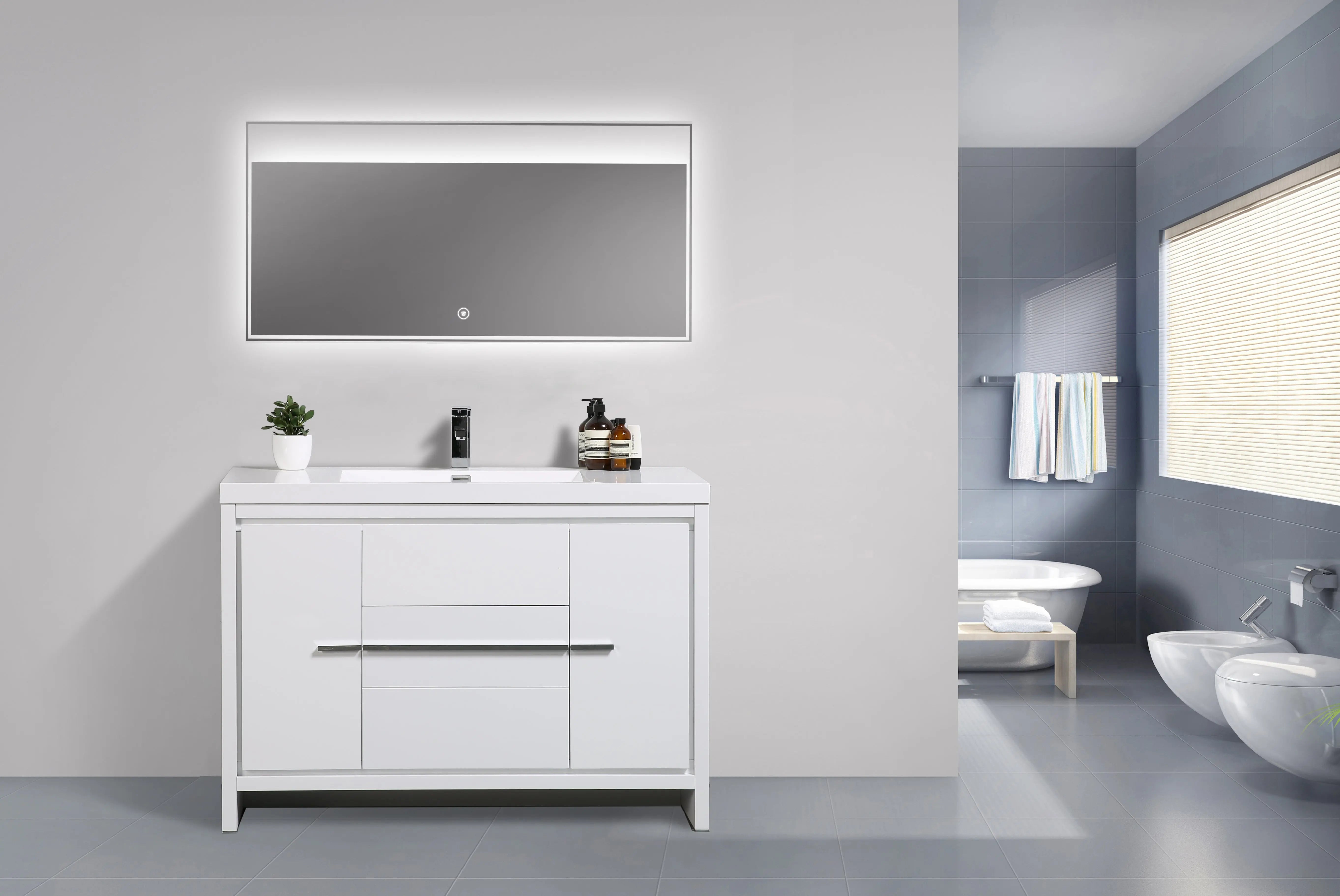Granada 47.5 White High Gloss With Chrome Handle Cabinet, Square Cultured Marble Sink, Free Standing Modern Vanity Set