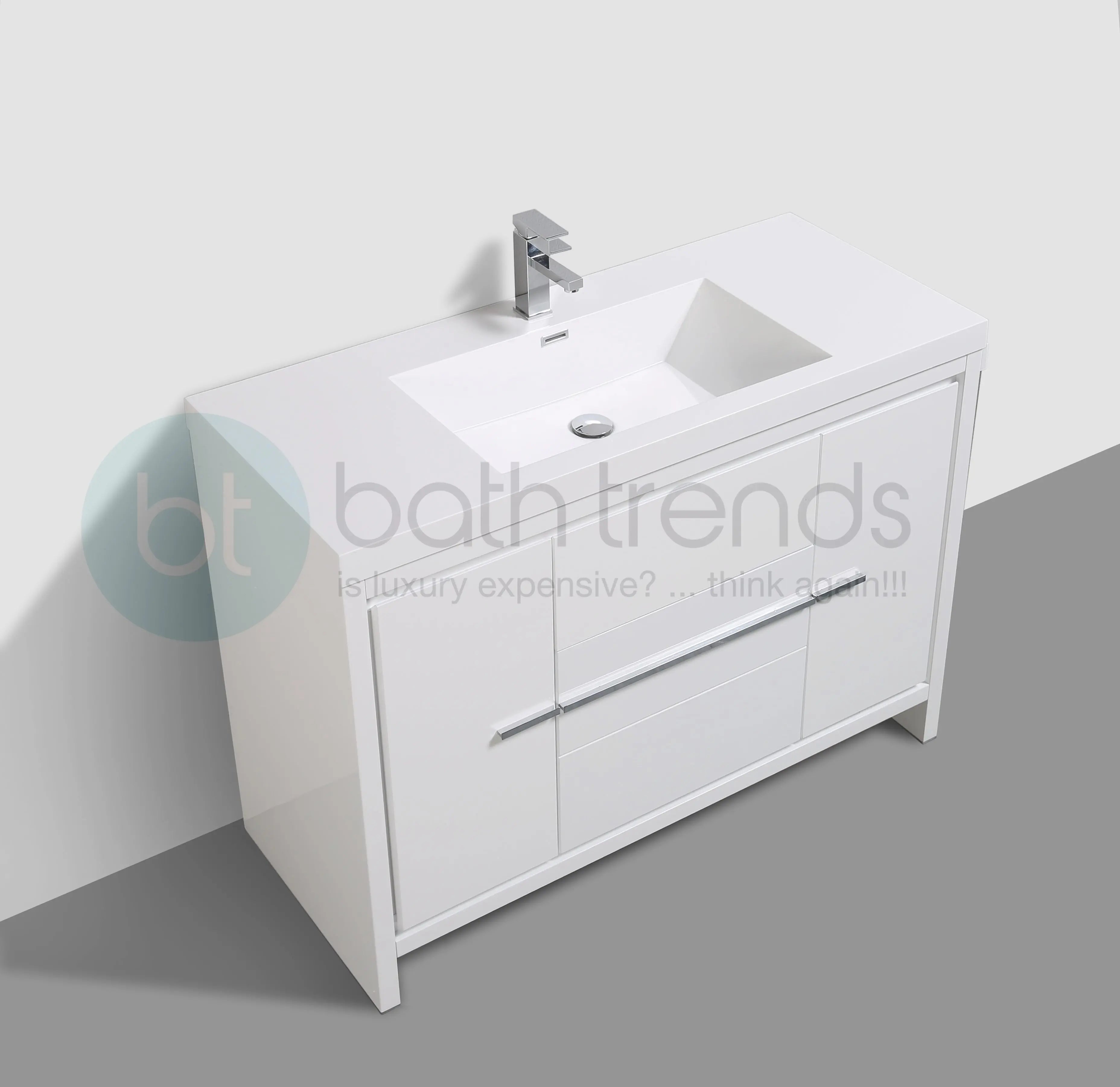Granada 47.5 White High Gloss With Chrome Handle Cabinet, Square Cultured Marble Sink, Free Standing Modern Vanity Set