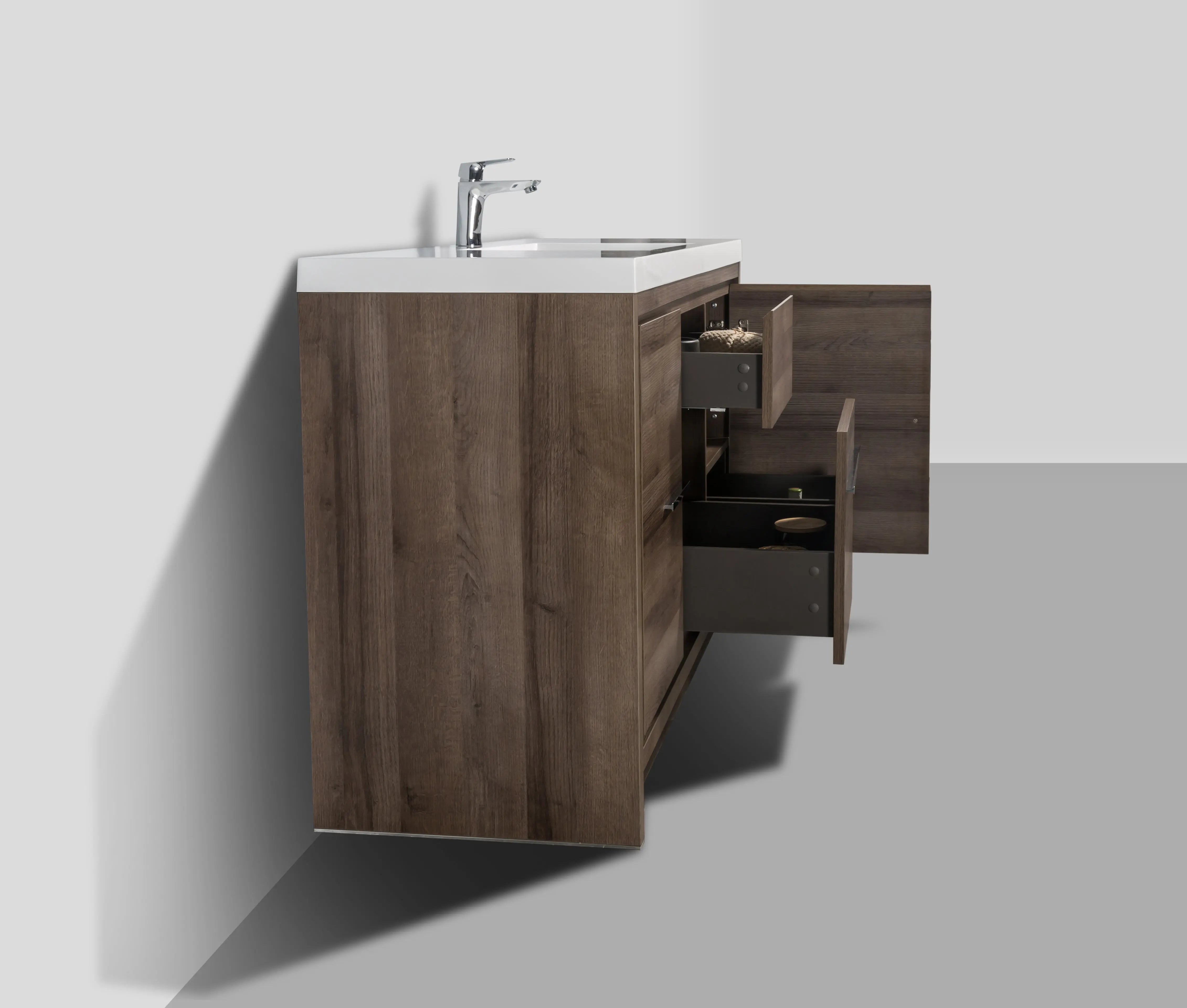 Granada 59 Brown Oak With Chrome Handle Cabinet, Square Cultured Marble Single Sink, Free Standing Modern Vanity Set