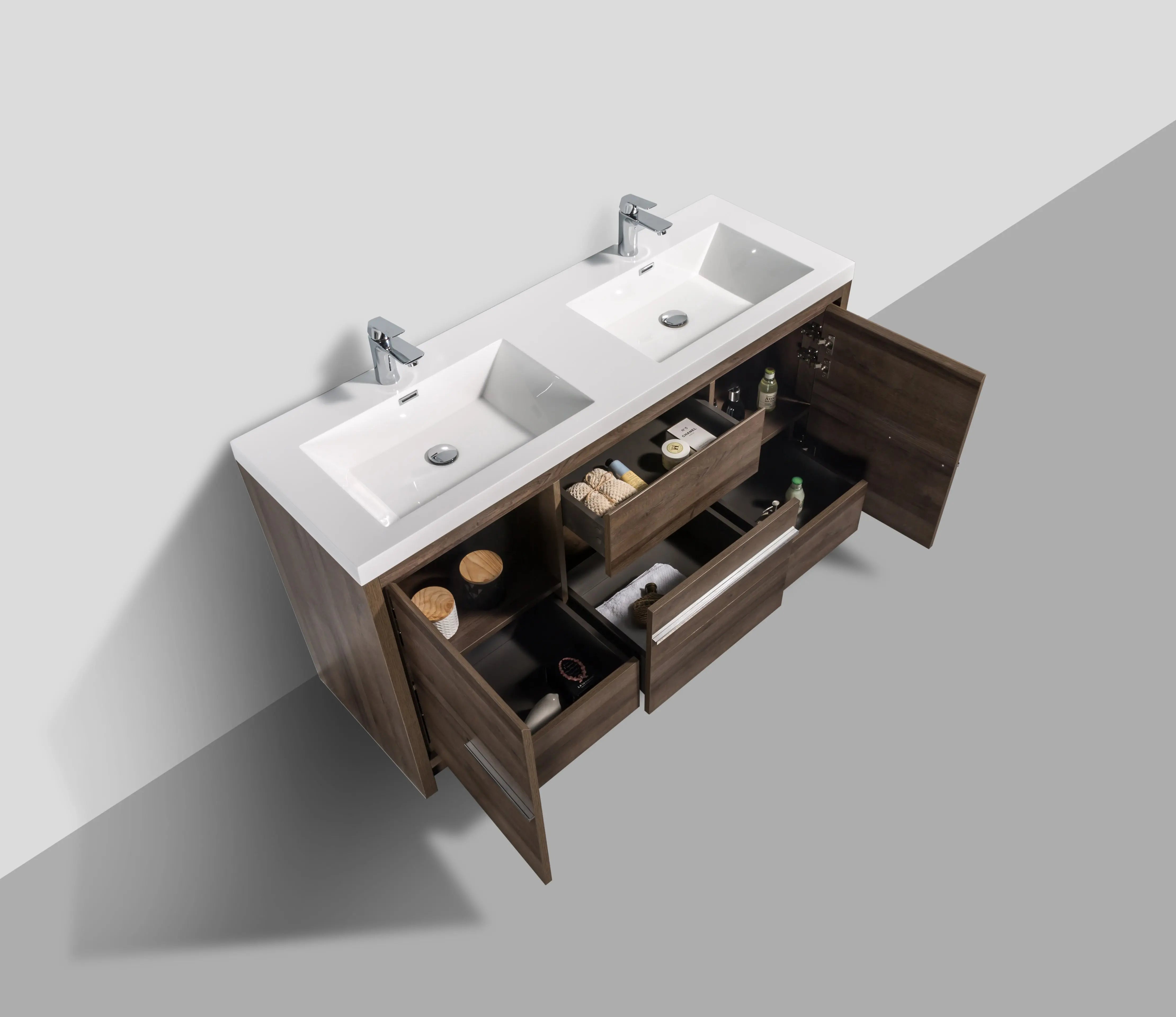 Granada 59 Maple Grey With Chrome Handle Cabinet, Square Cultured Marble Double Sink, Free Standing Modern Vanity Set