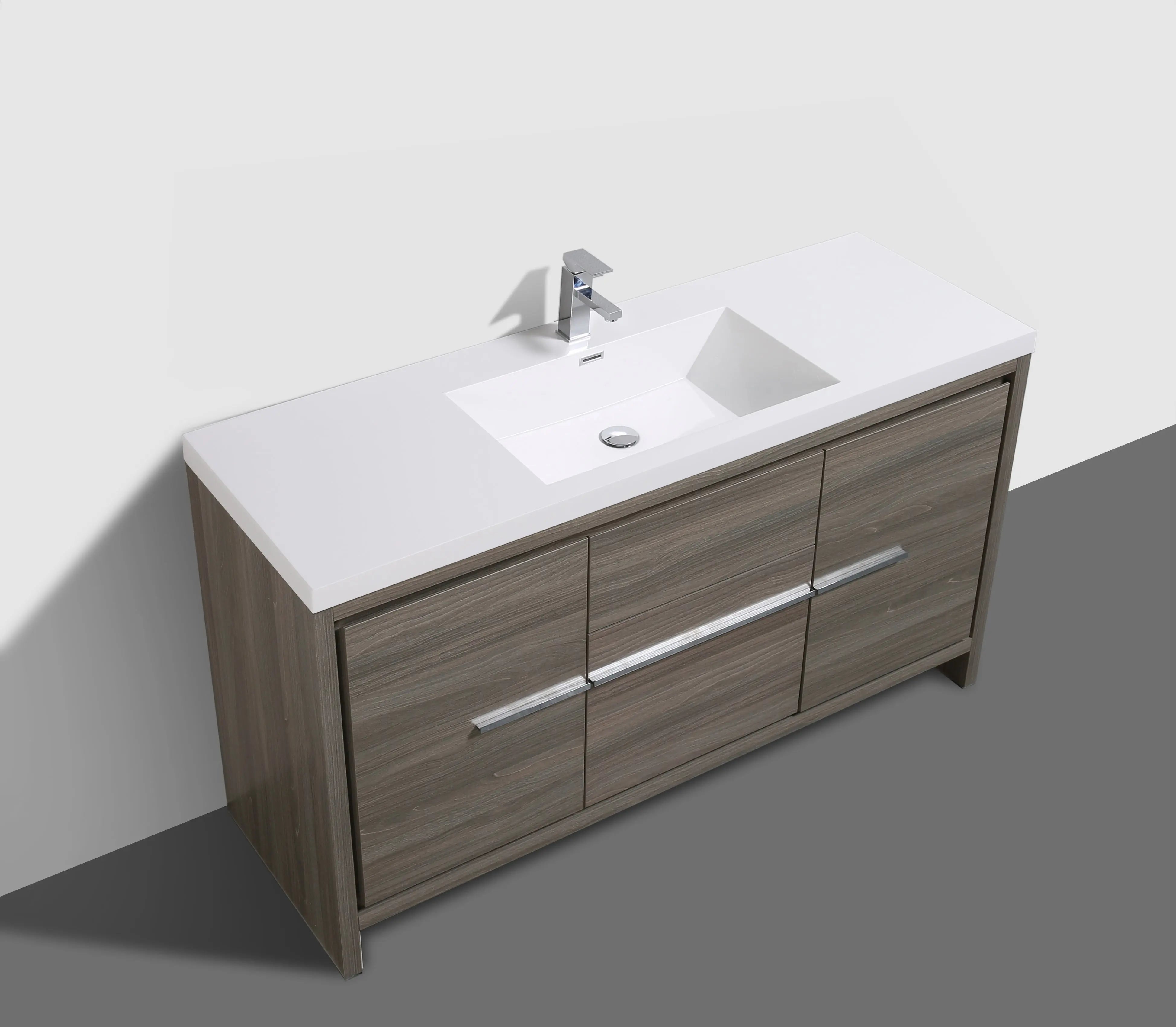 Granada 59 Maple Grey With Chrome Handle Cabinet, Square Cultured Marble Single Sink, Free Standing Modern Vanity Set