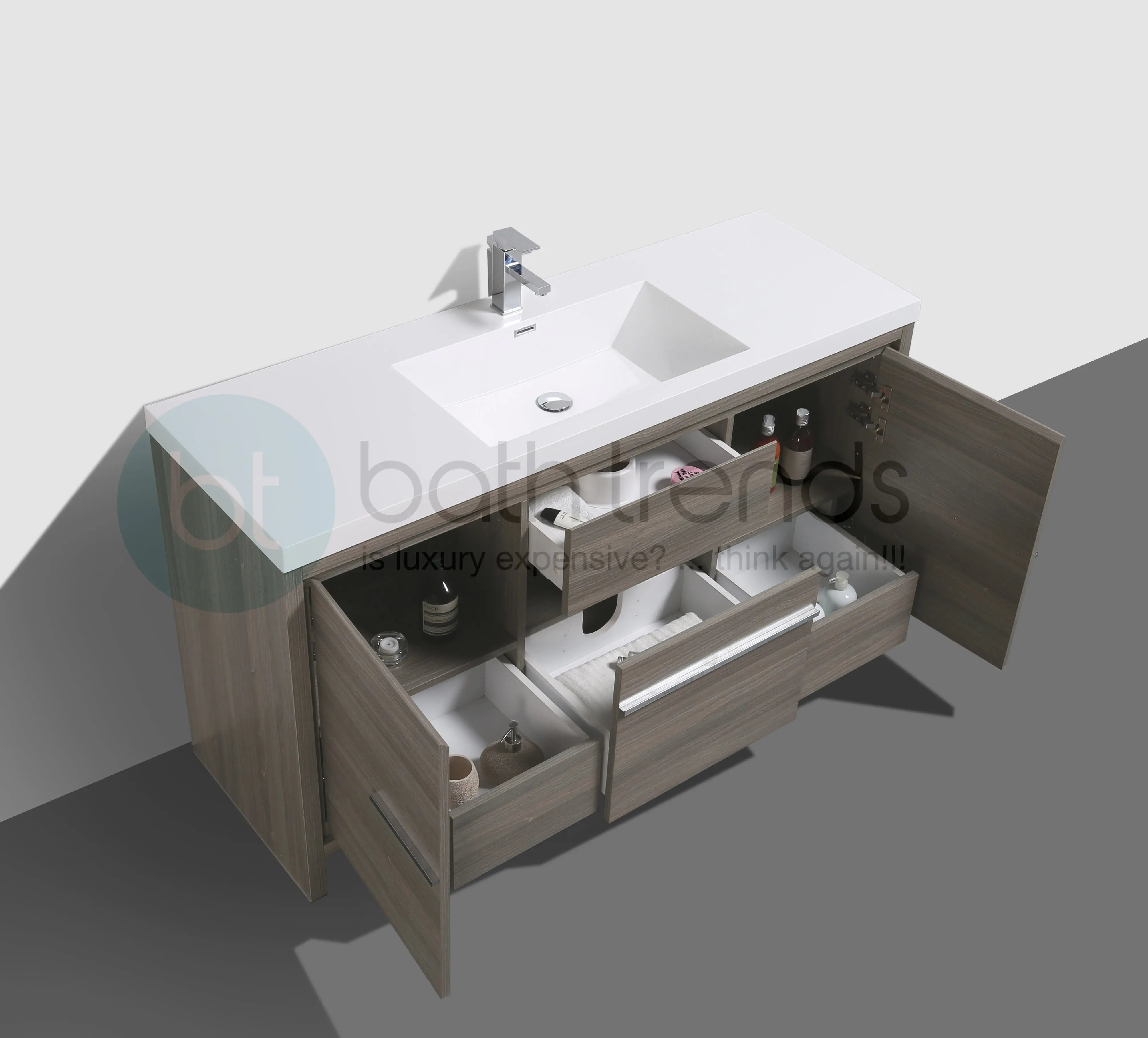 Granada 59 Maple Grey With Chrome Handle Cabinet, Square Cultured Marble Single Sink, Free Standing Modern Vanity Set