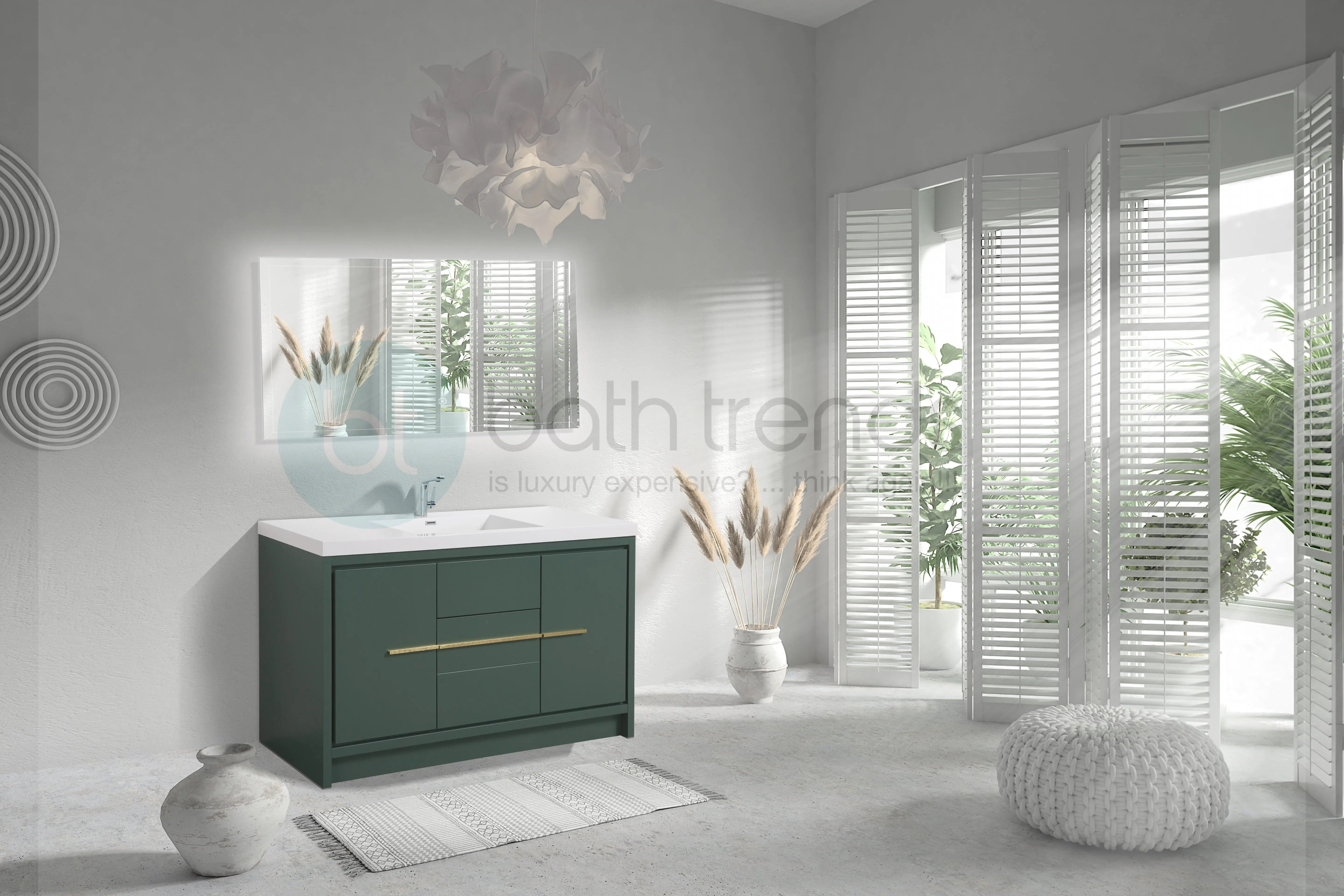 Granada 59 Nordic Green With Brush Gold Handle Cabinet, Square Cultured Marble Single Sink, Free Standing Modern Vanity Set