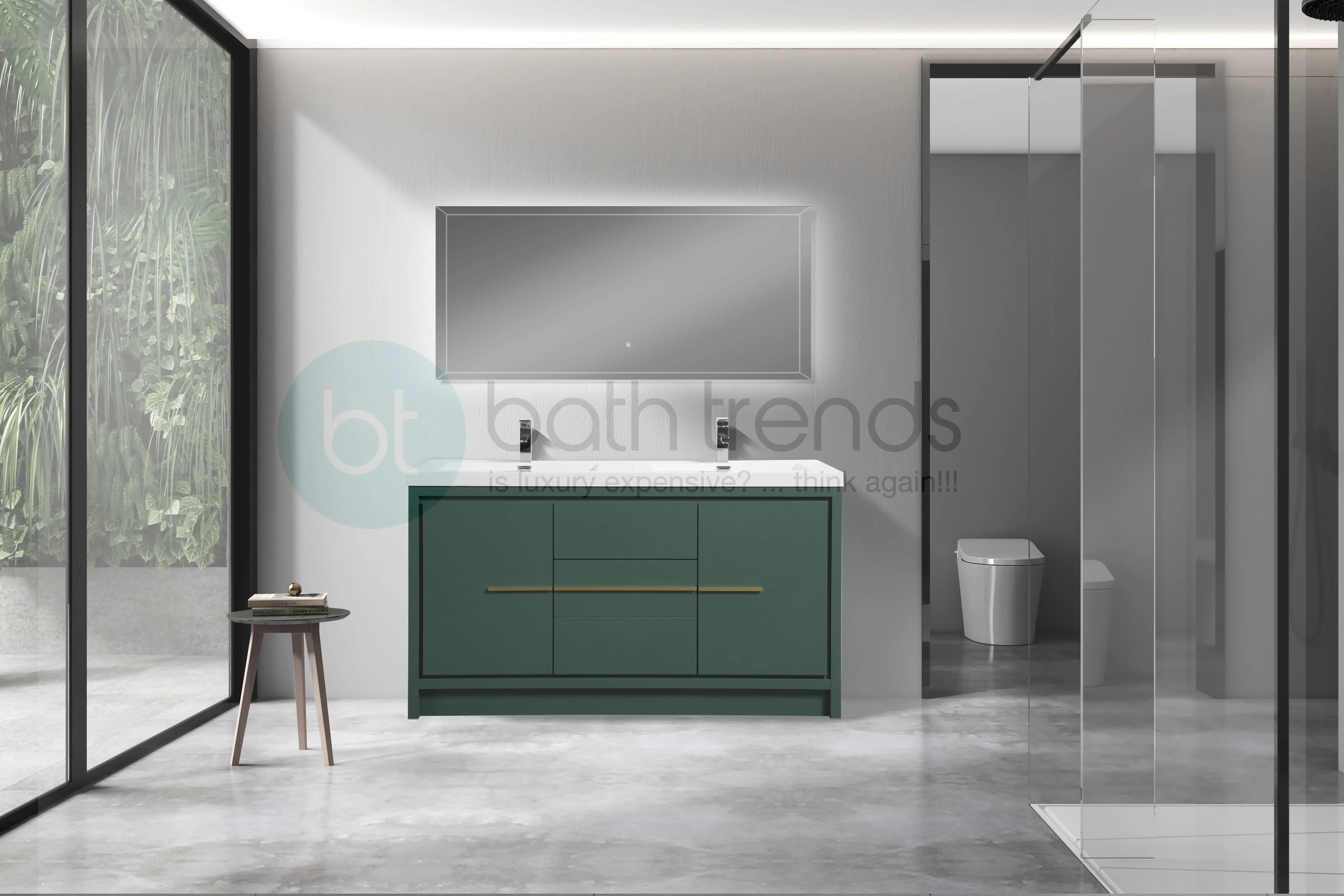 Granada 59 Nordic Green With Brush Gold Handle Cabinet, Square Cultured Marble Double Sink, Free Standing Modern Vanity Set