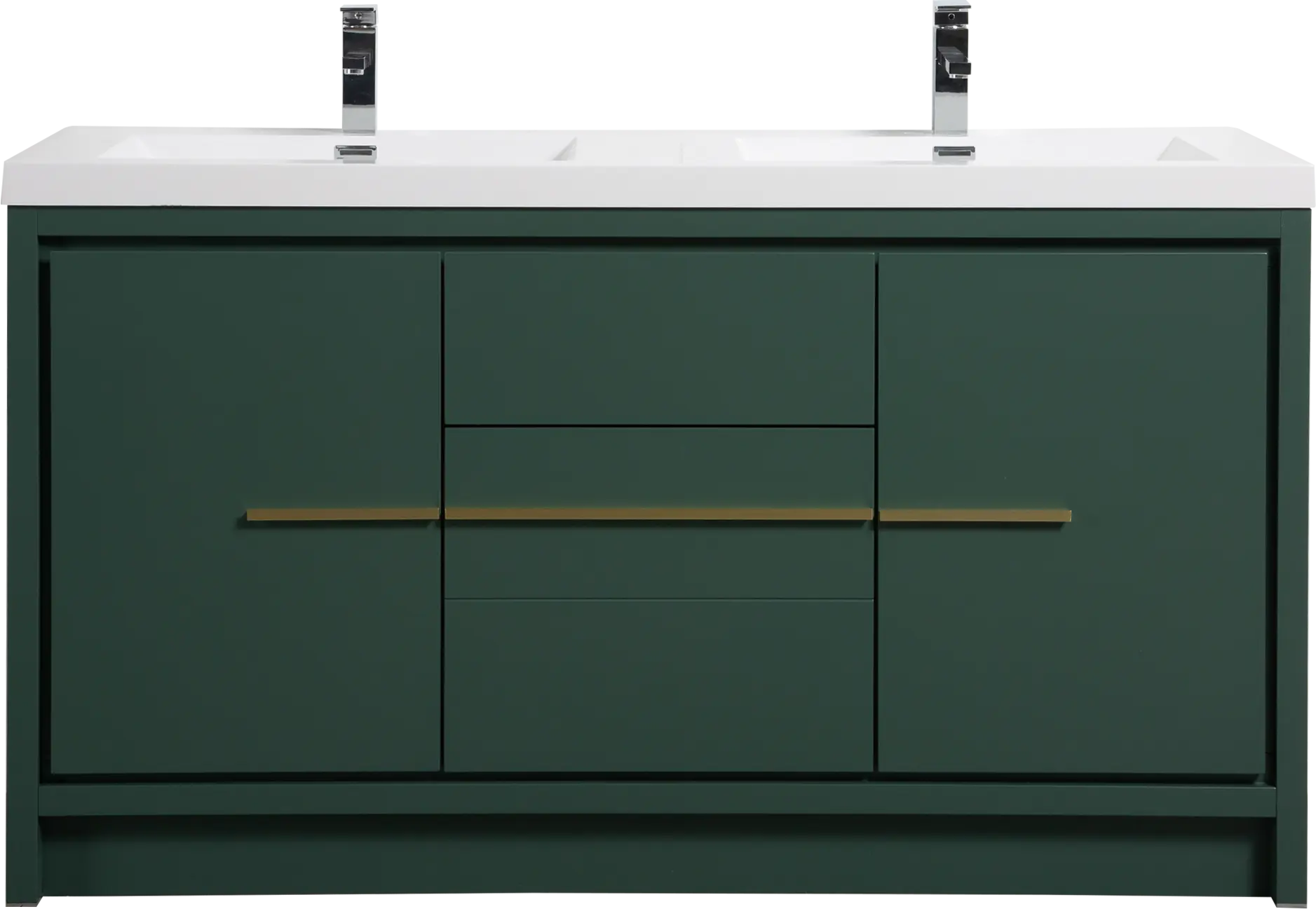 Granada 59 Nordic Green With Brush Gold Handle Cabinet, Square Cultured Marble Double Sink, Free Standing Modern Vanity Set