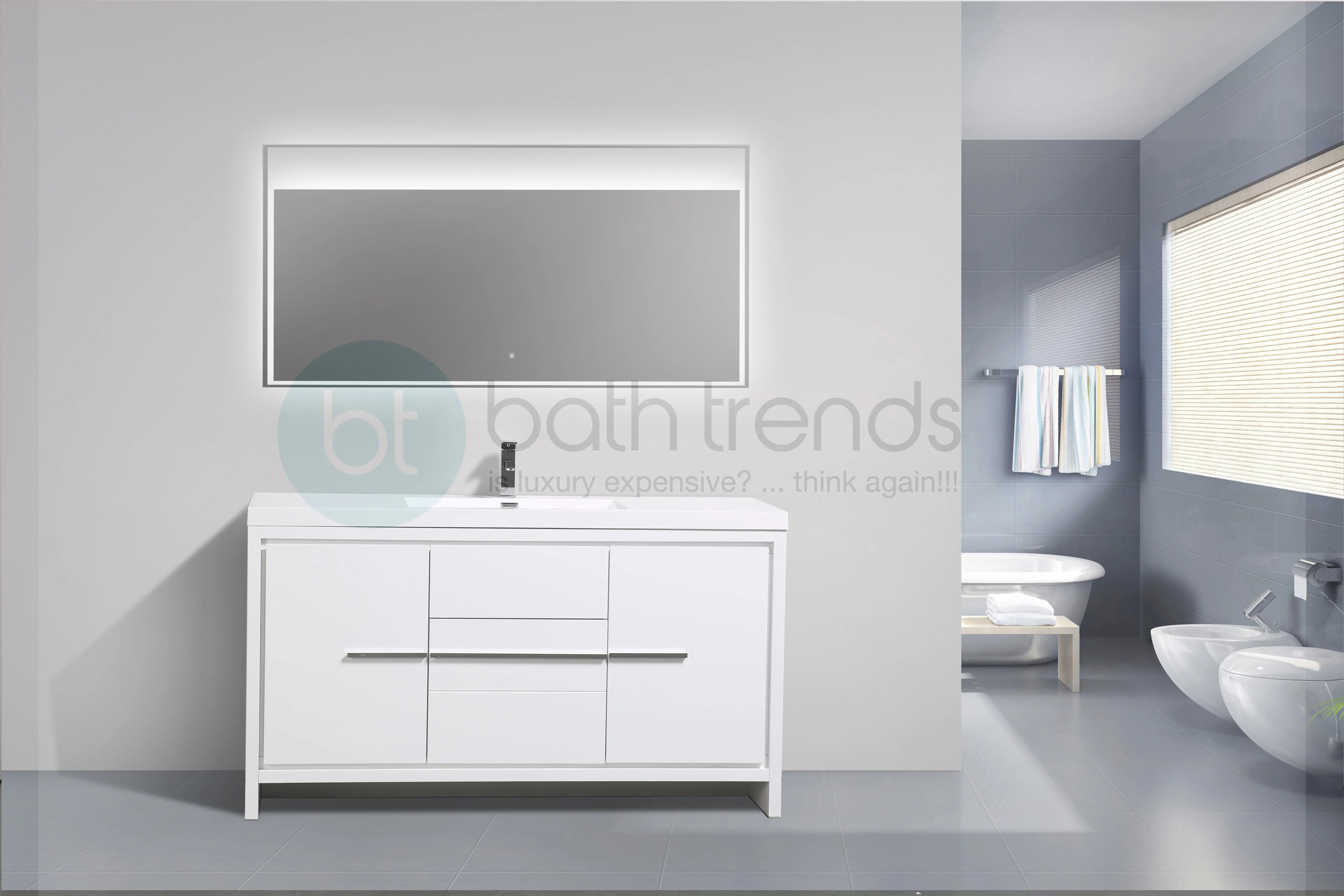 Granada 59 White High Gloss With Chrome Handle Cabinet, Square Cultured Marble Single Sink, Free Standing Modern Vanity Set