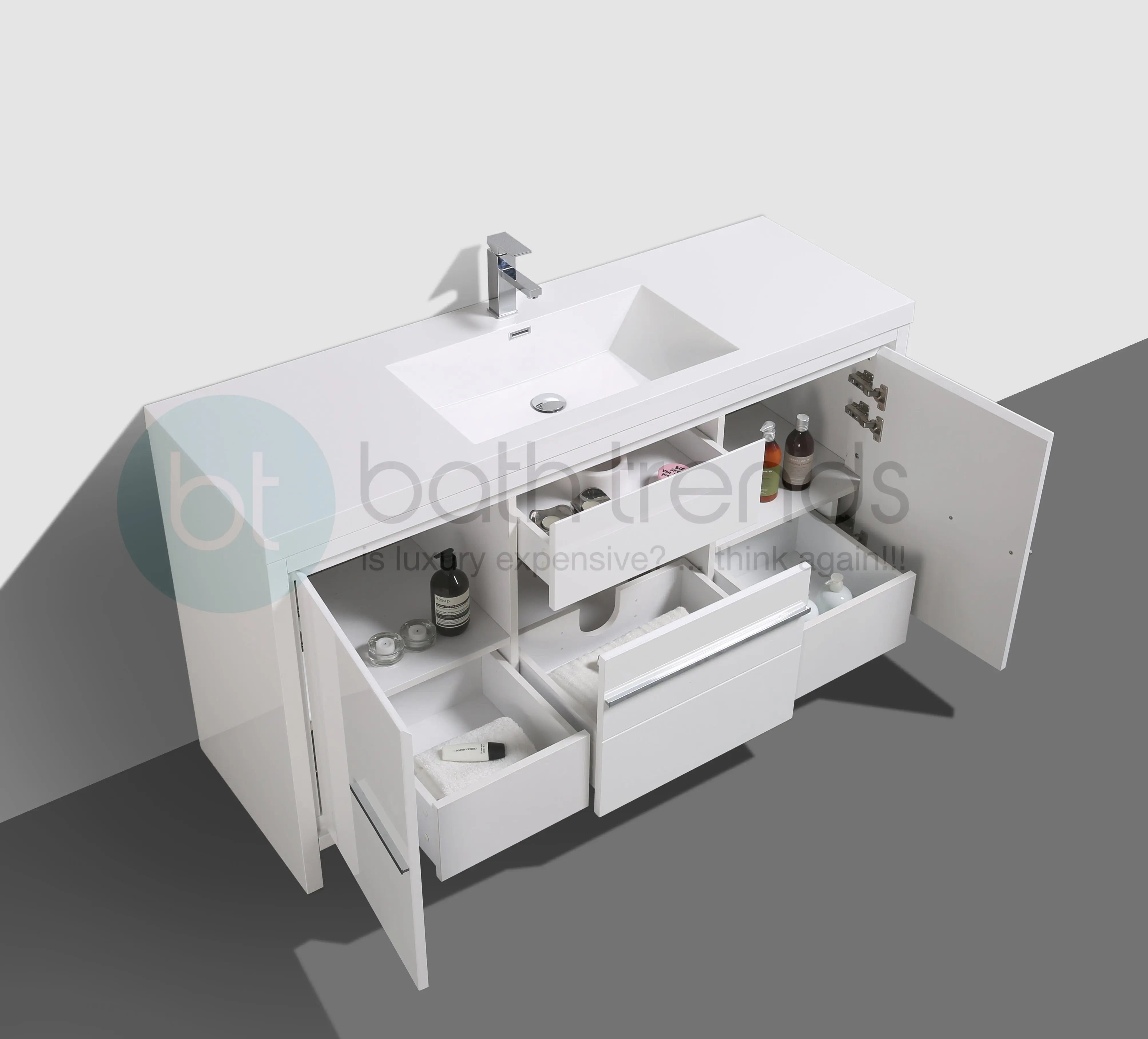 Granada 59 White High Gloss With Chrome Handle Cabinet, Square Cultured Marble Single Sink, Free Standing Modern Vanity Set