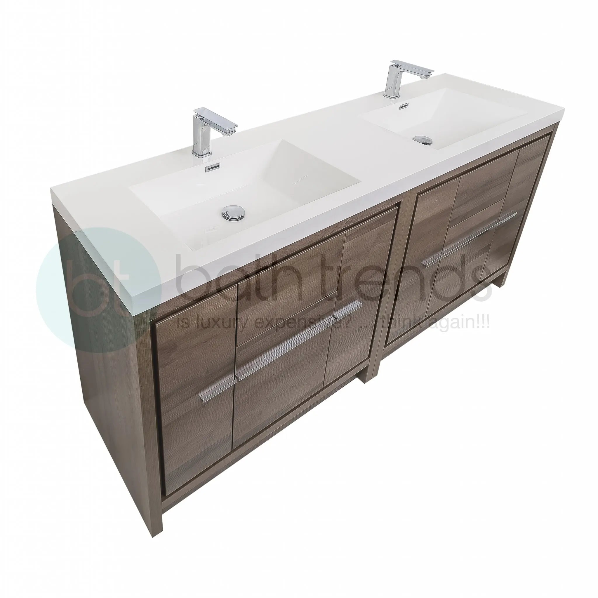 Granada 71 Brown Oak With Chrome Handle Cabinet, Square Cultured Marble Double Sink, Free Standing Modern Vanity Set