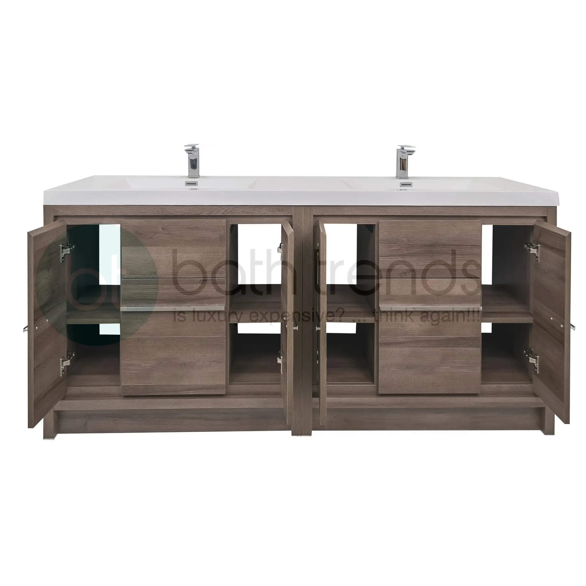 Granada 71 Brown Oak With Chrome Handle Cabinet, Square Cultured Marble Double Sink, Free Standing Modern Vanity Set