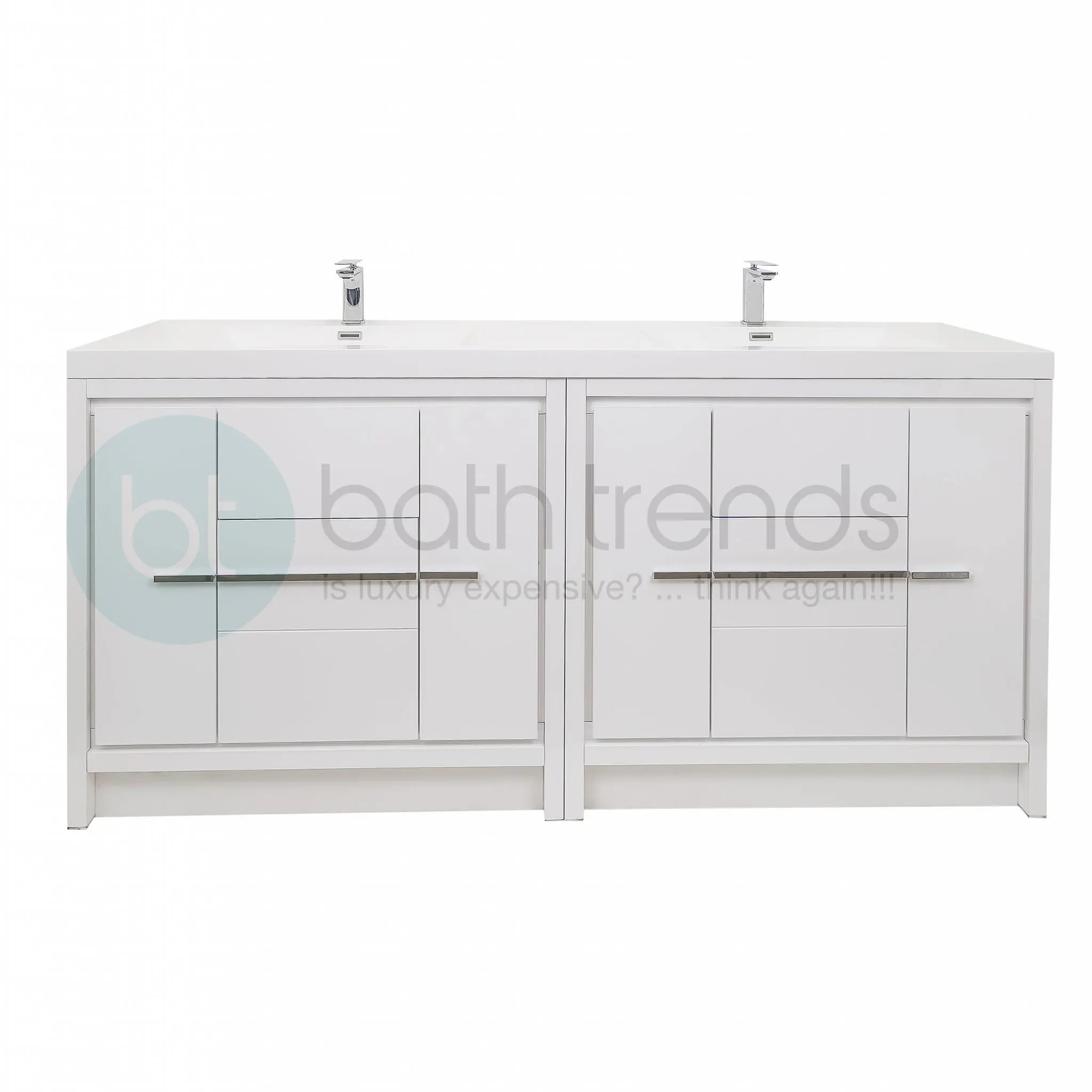 Granada 71 White High Gloss With Chrome Handle Cabinet, Square Cultured Marble Double Sink, Free Standing Modern Vanity Set