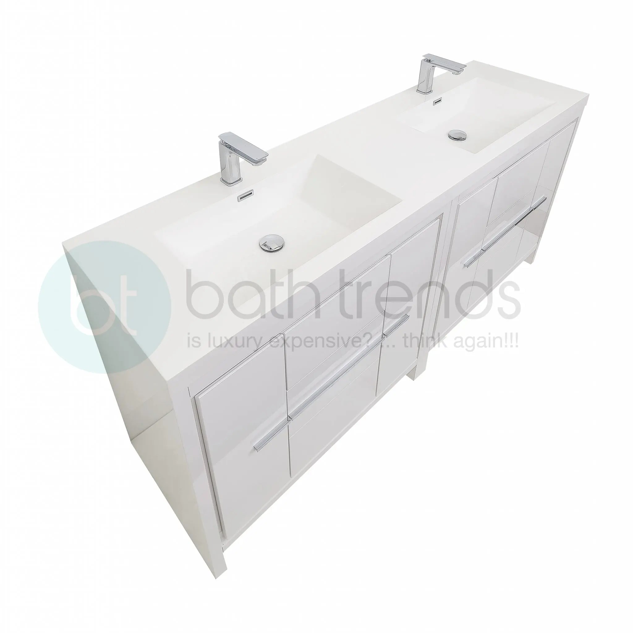 Granada 71 White High Gloss With Chrome Handle Cabinet, Square Cultured Marble Double Sink, Free Standing Modern Vanity Set