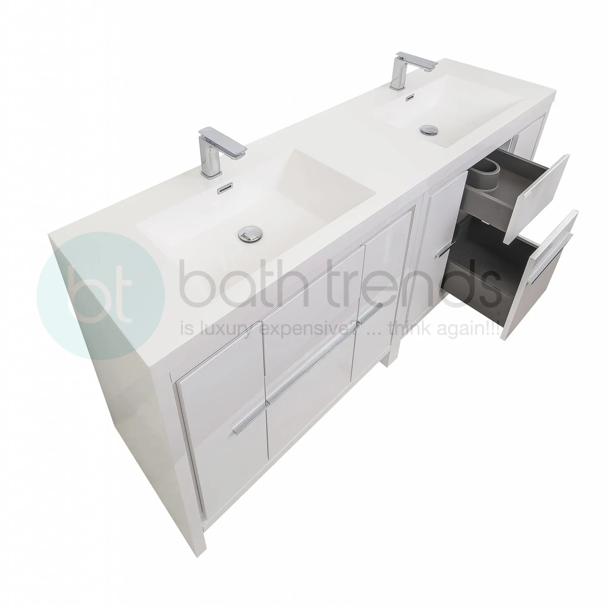 Granada 71 White High Gloss With Chrome Handle Cabinet, Square Cultured Marble Double Sink, Free Standing Modern Vanity Set