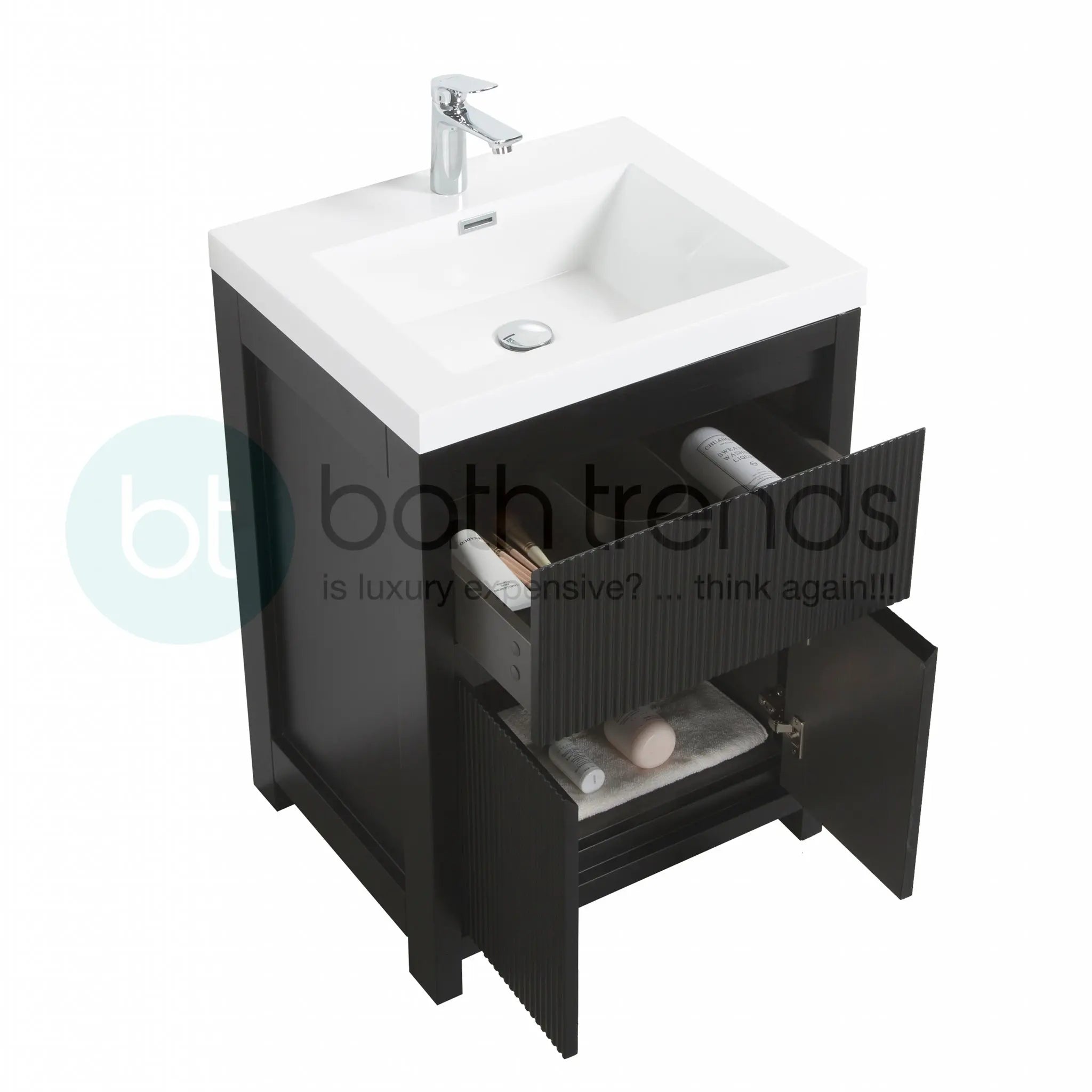 Neos 23.5 Matte Black Cabinet, Square Cultured Marble Sink, Free Standing Modern Vanity Set