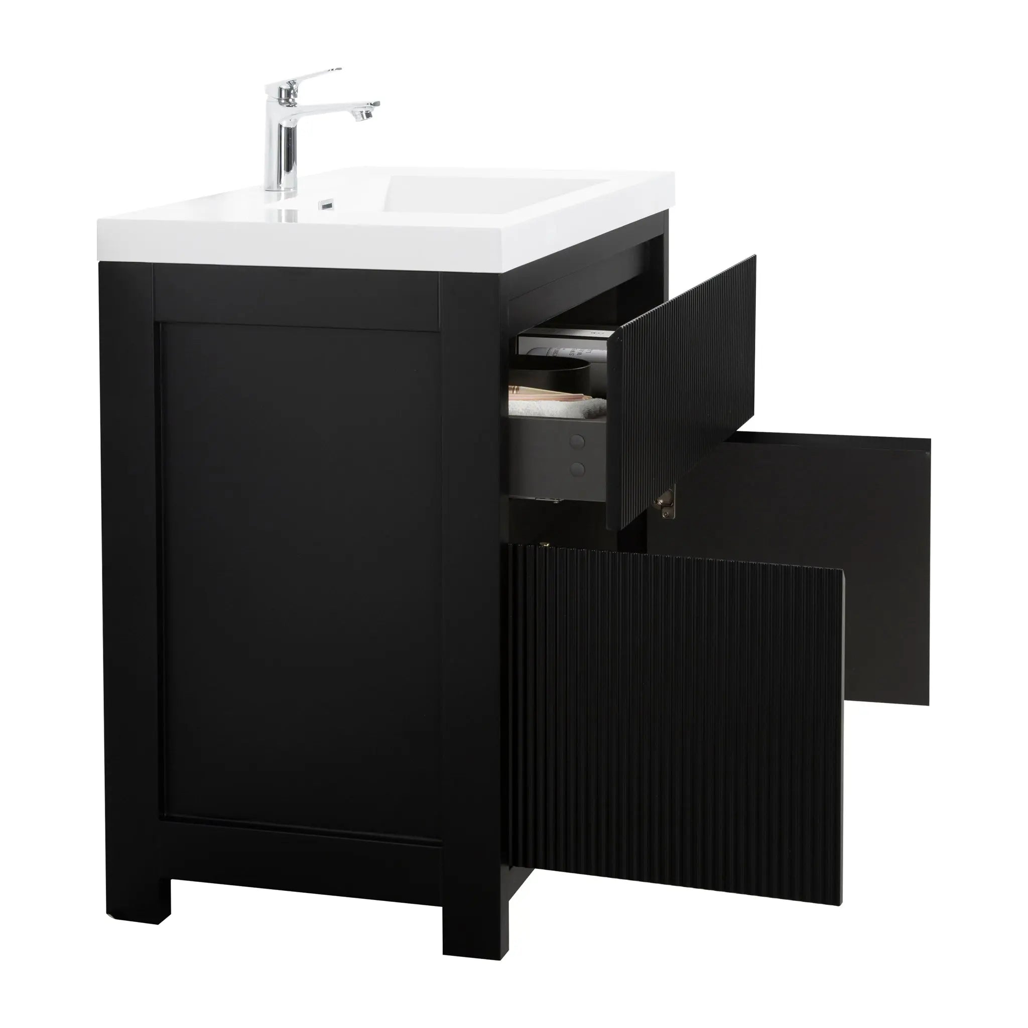 Neos 23.5 Matte Black Cabinet, Square Cultured Marble Sink, Free Standing Modern Vanity Set