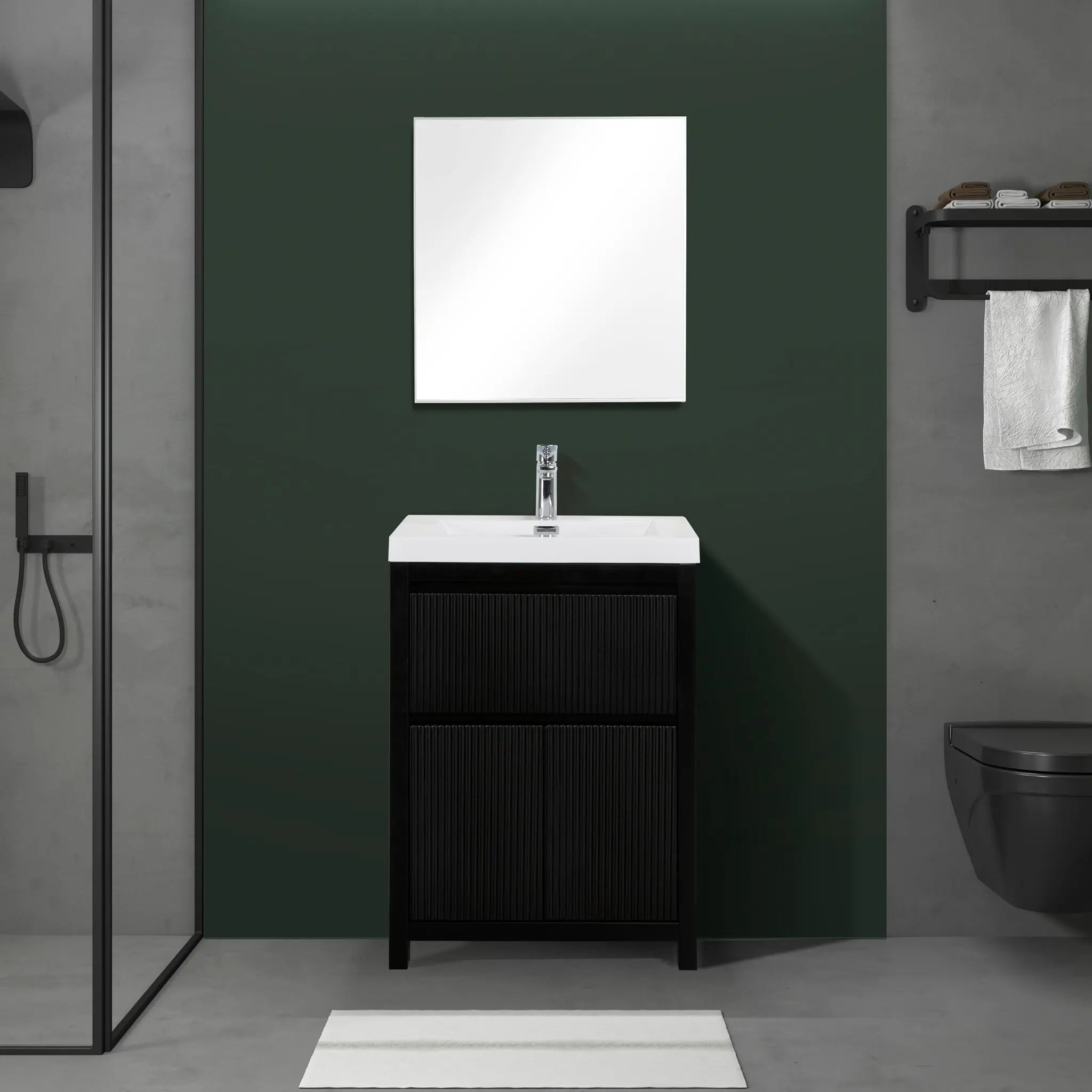 Neos 23.5 Matte Black Cabinet, Square Cultured Marble Sink, Free Standing Modern Vanity Set