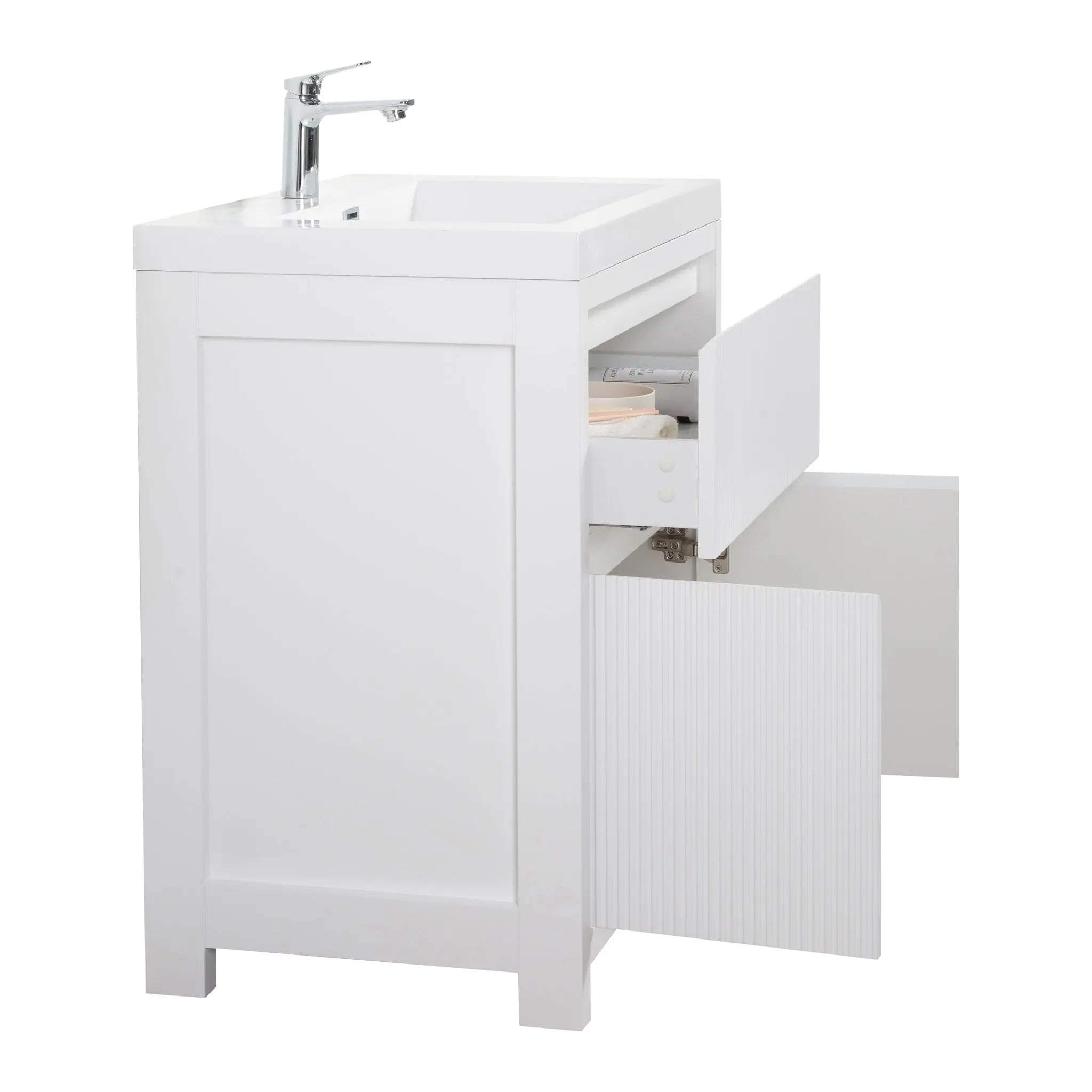 Neos 23.5 Matte White Cabinet, Square Cultured Marble Sink, Free Standing Modern Vanity Set