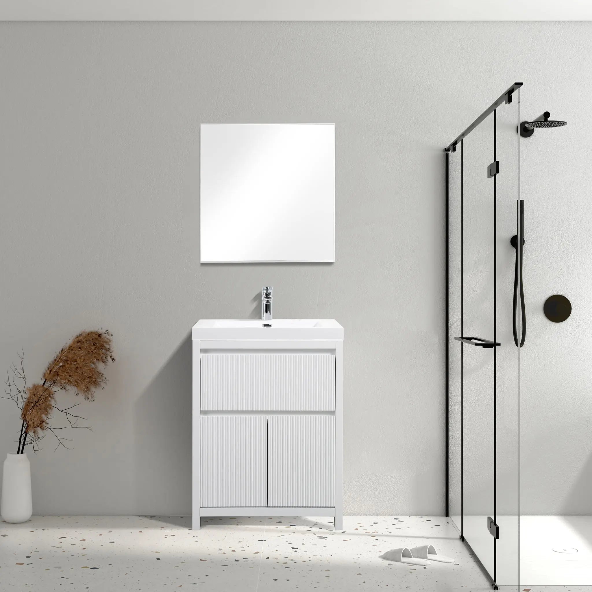 Neos 23.5 Matte White Cabinet, Square Cultured Marble Sink, Free Standing Modern Vanity Set