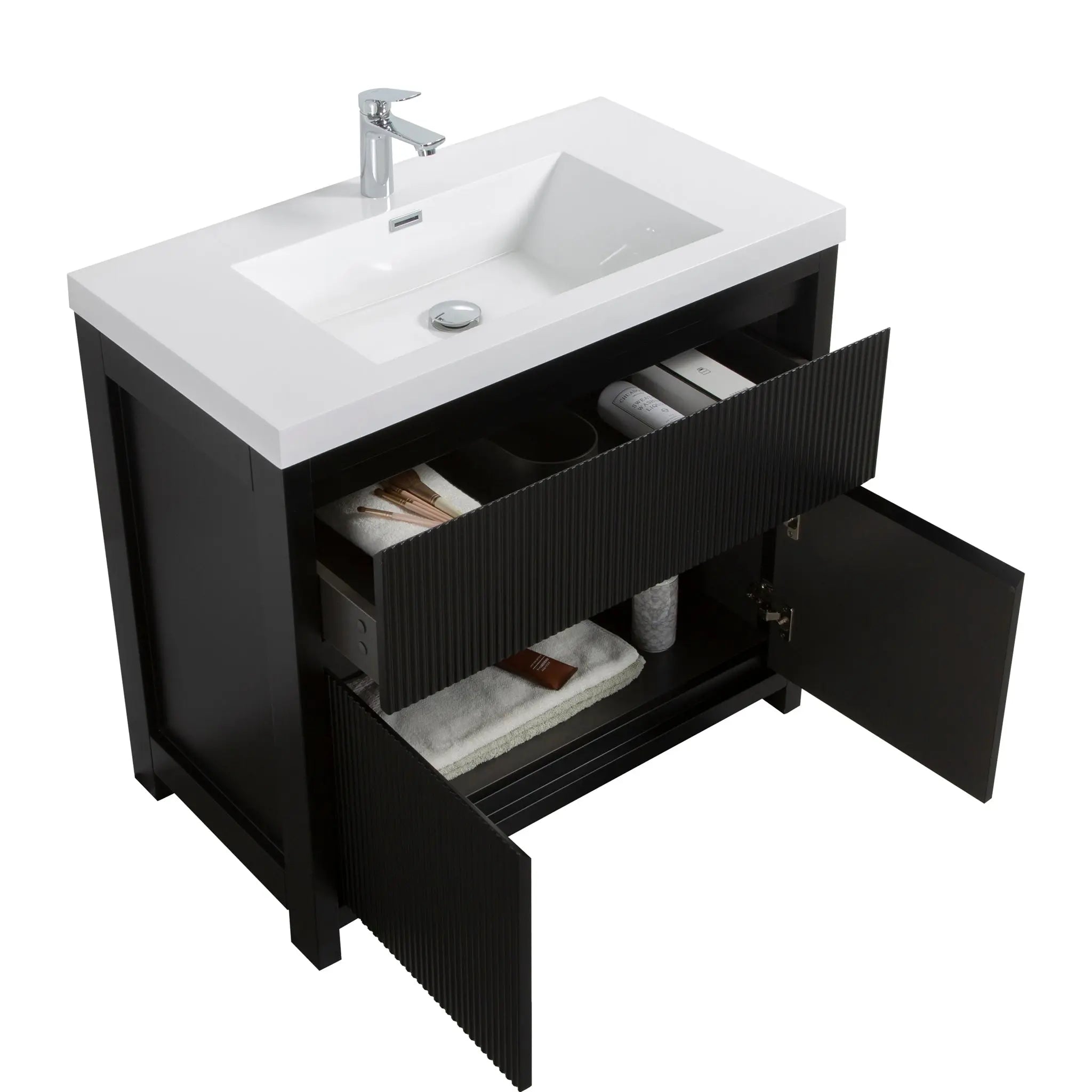 Neos 29.5 Matte Black Cabinet, Square Cultured Marble Sink, Free Standing Modern Vanity Set