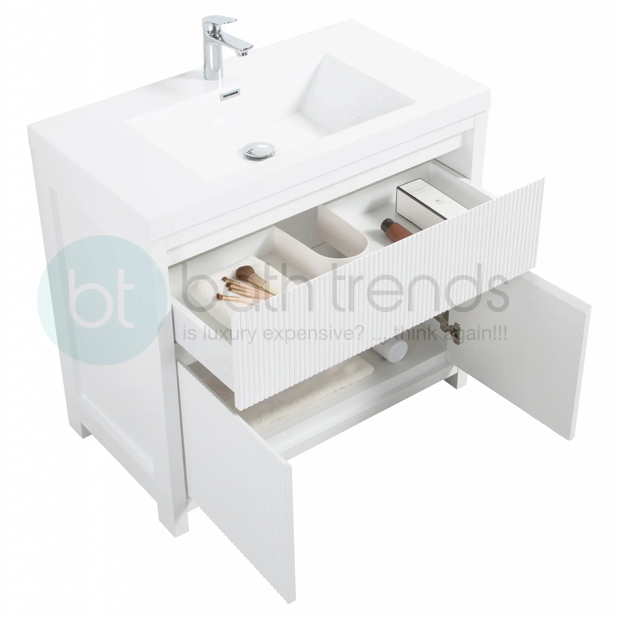 Neos 29.5 Matte White Cabinet, Square Cultured Marble Sink, Free Standing Modern Vanity Set