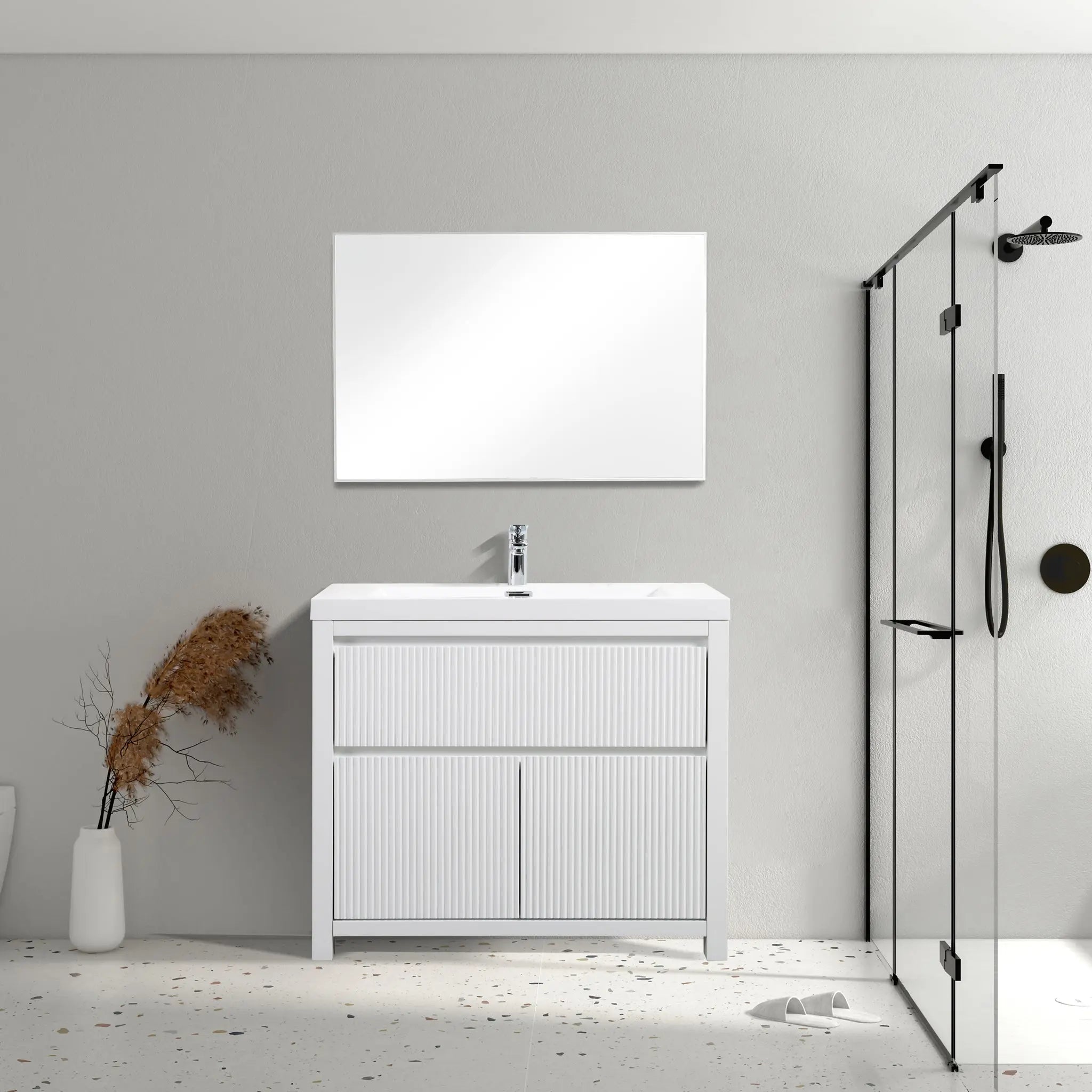 Neos 29.5 Matte White Cabinet, Square Cultured Marble Sink, Free Standing Modern Vanity Set