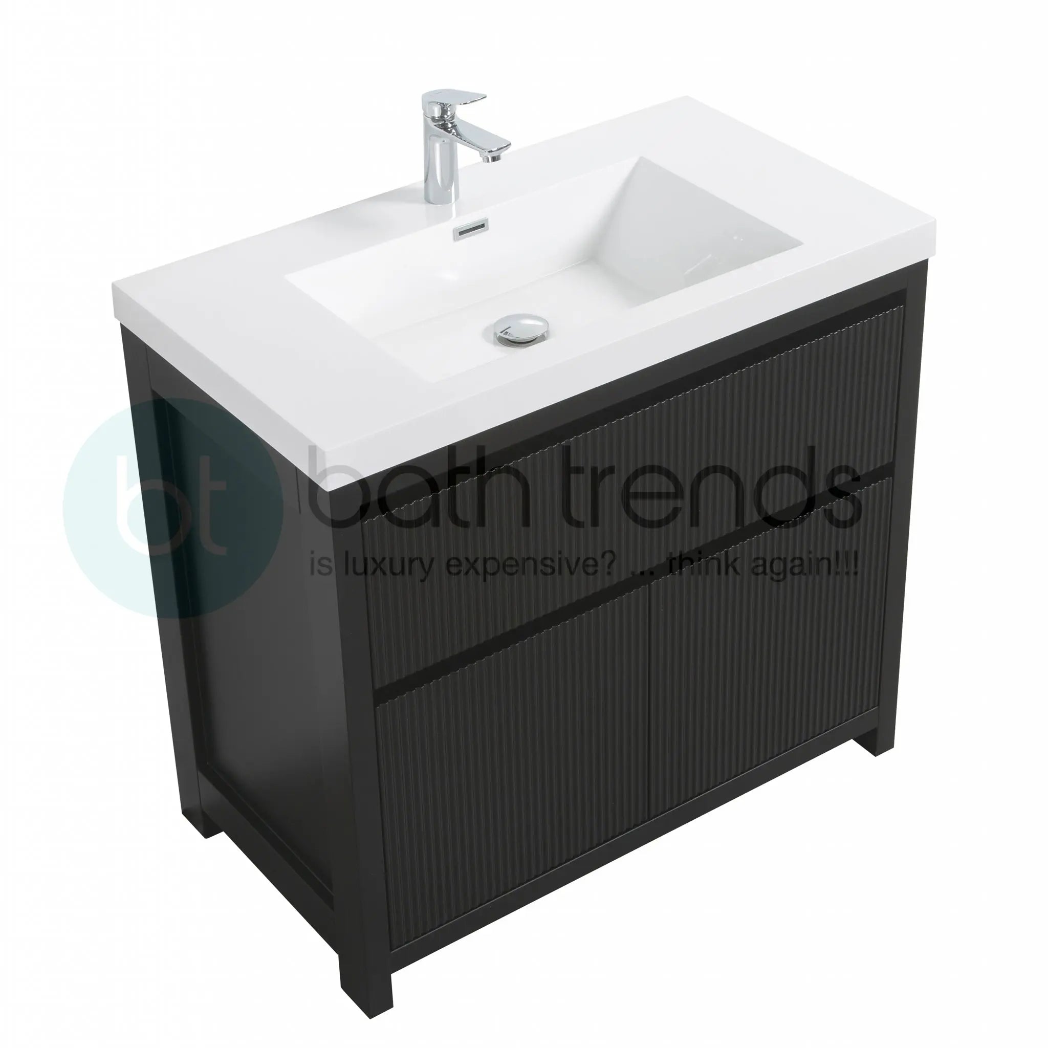 Neos 35.5 Matte Black Cabinet, Square Cultured Marble Sink, Free Standing Modern Vanity Set
