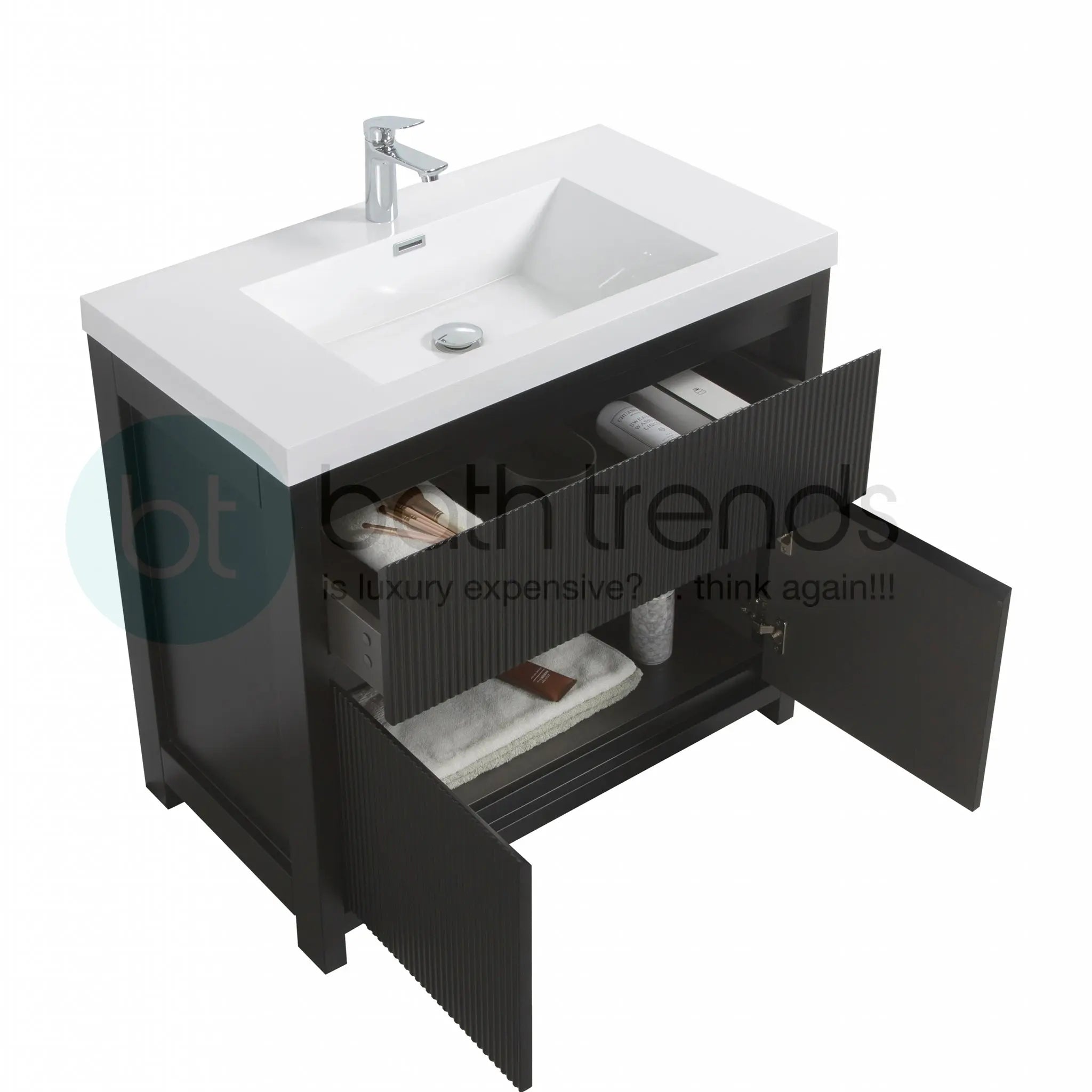 Neos 35.5 Matte Black Cabinet, Square Cultured Marble Sink, Free Standing Modern Vanity Set