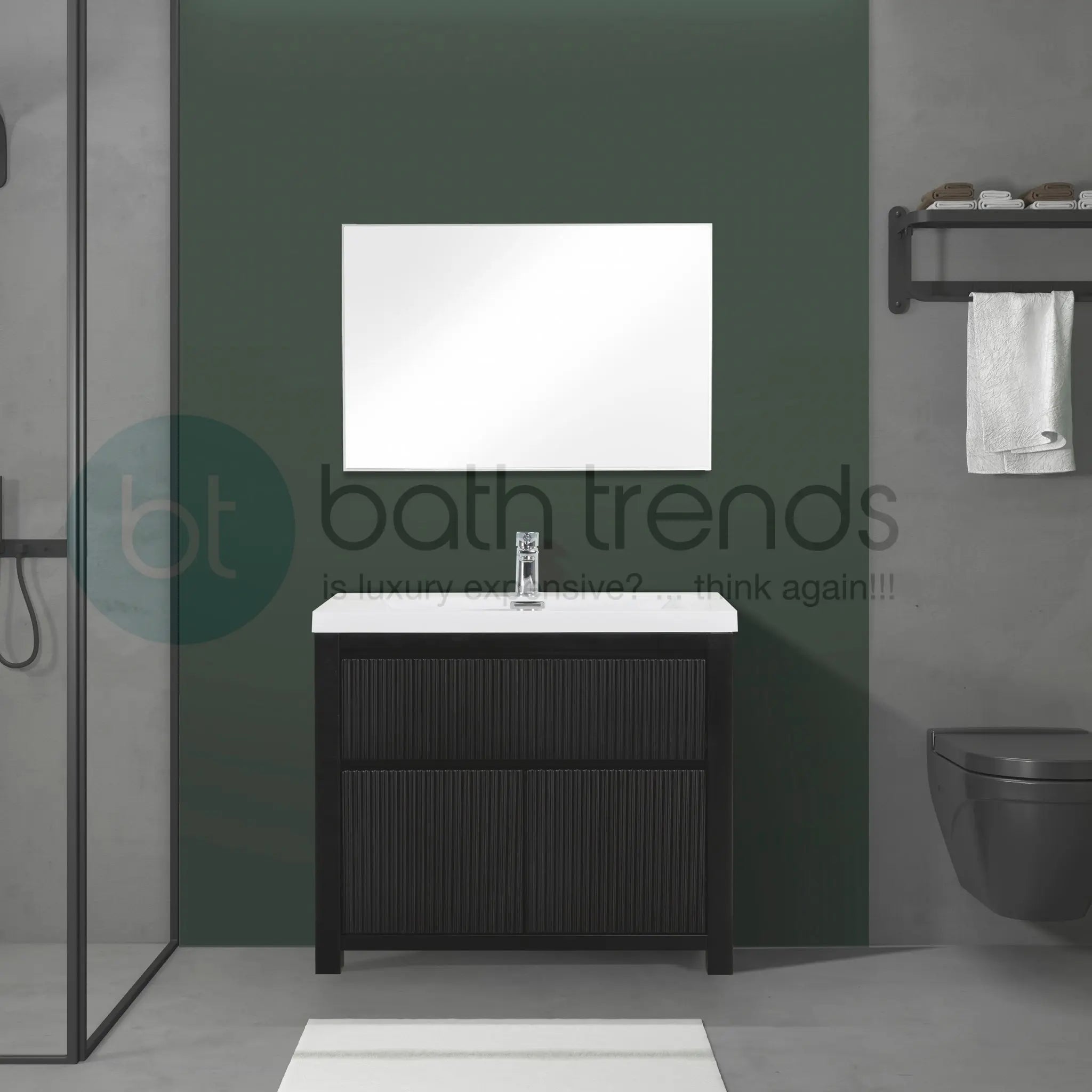 Neos 35.5 Matte Black Cabinet, Square Cultured Marble Sink, Free Standing Modern Vanity Set