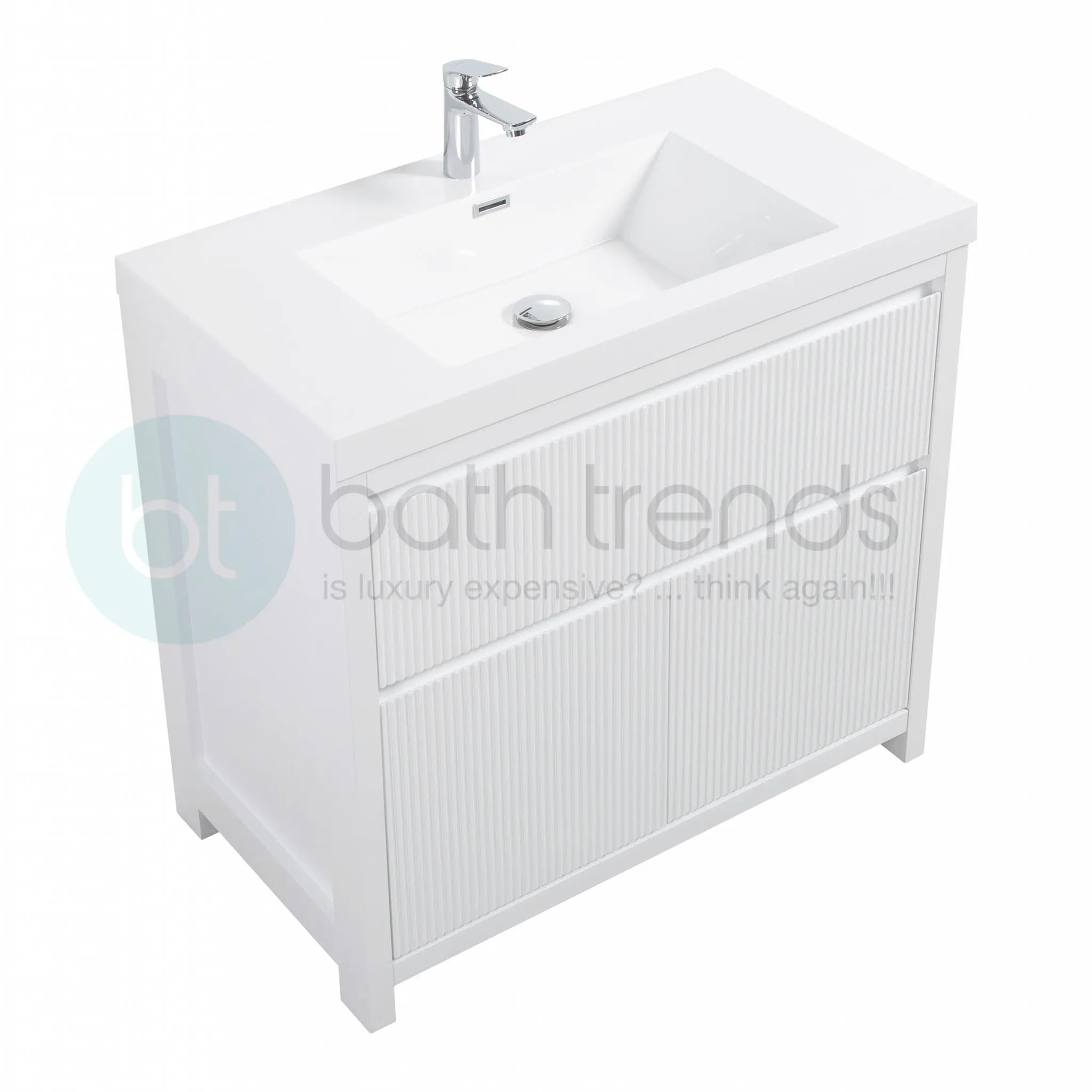 Neos 35.5 Matte White Cabinet, Square Cultured Marble Sink, Free Standing Modern Vanity Set