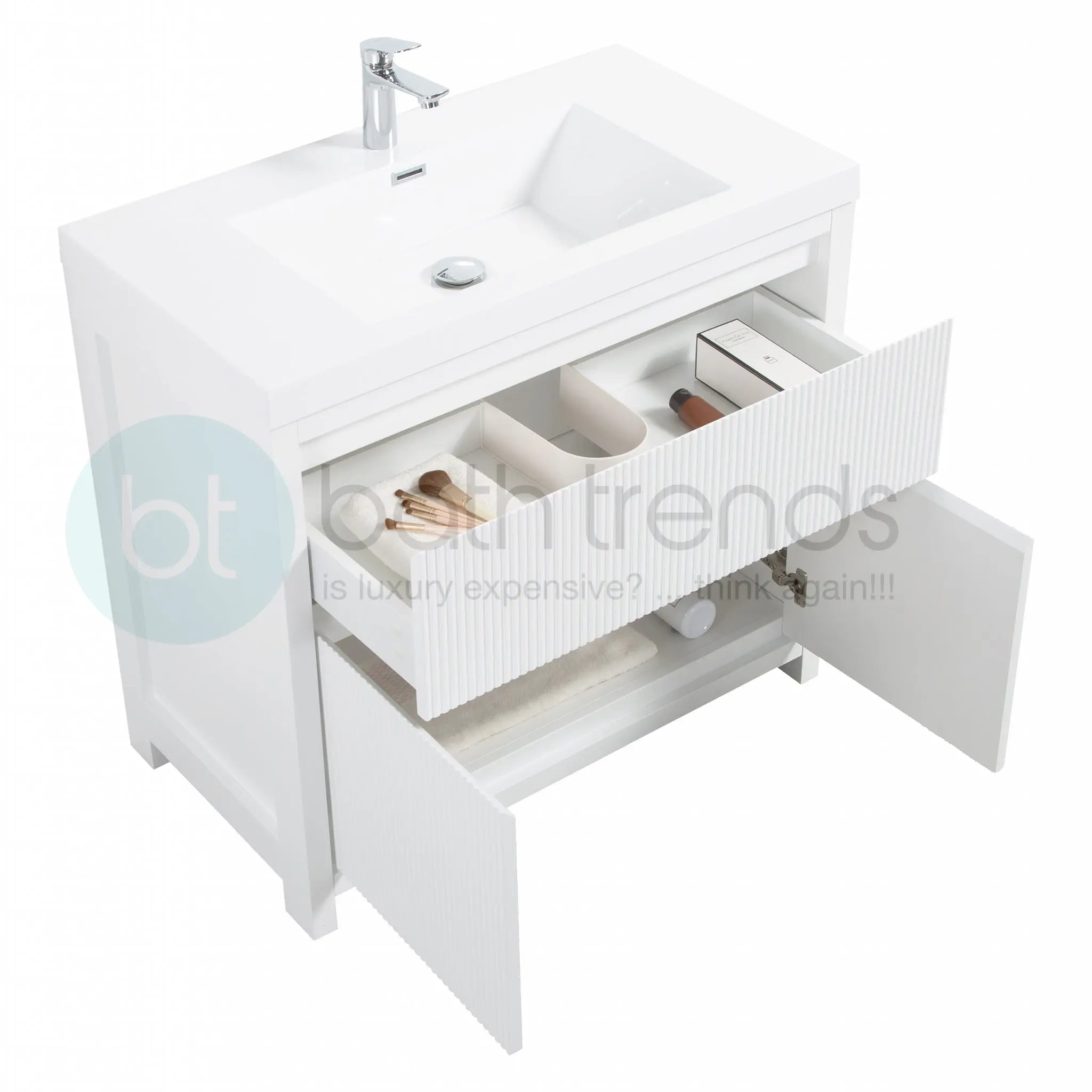 Neos 35.5 Matte White Cabinet, Square Cultured Marble Sink, Free Standing Modern Vanity Set