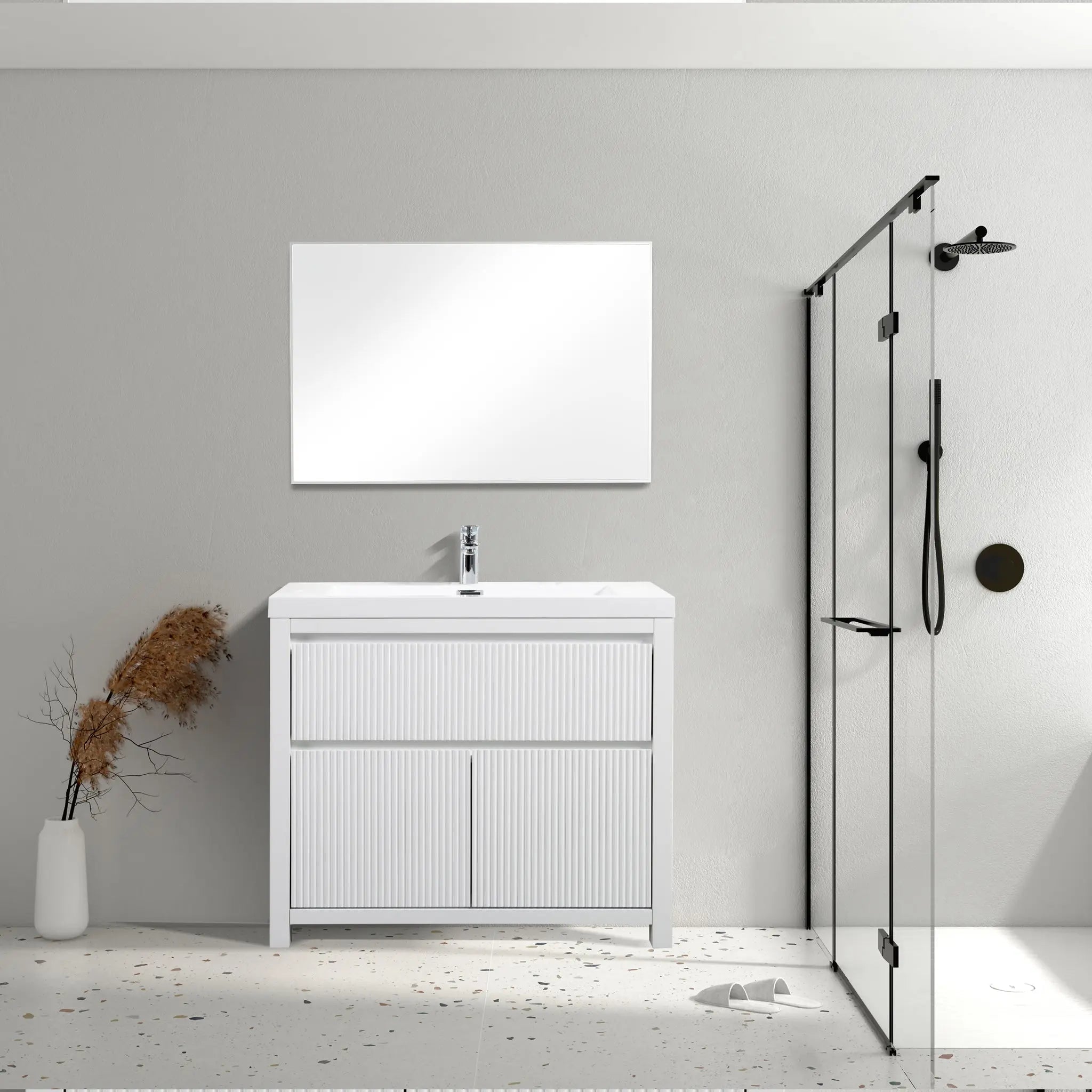Neos 35.5 Matte White Cabinet, Square Cultured Marble Sink, Free Standing Modern Vanity Set