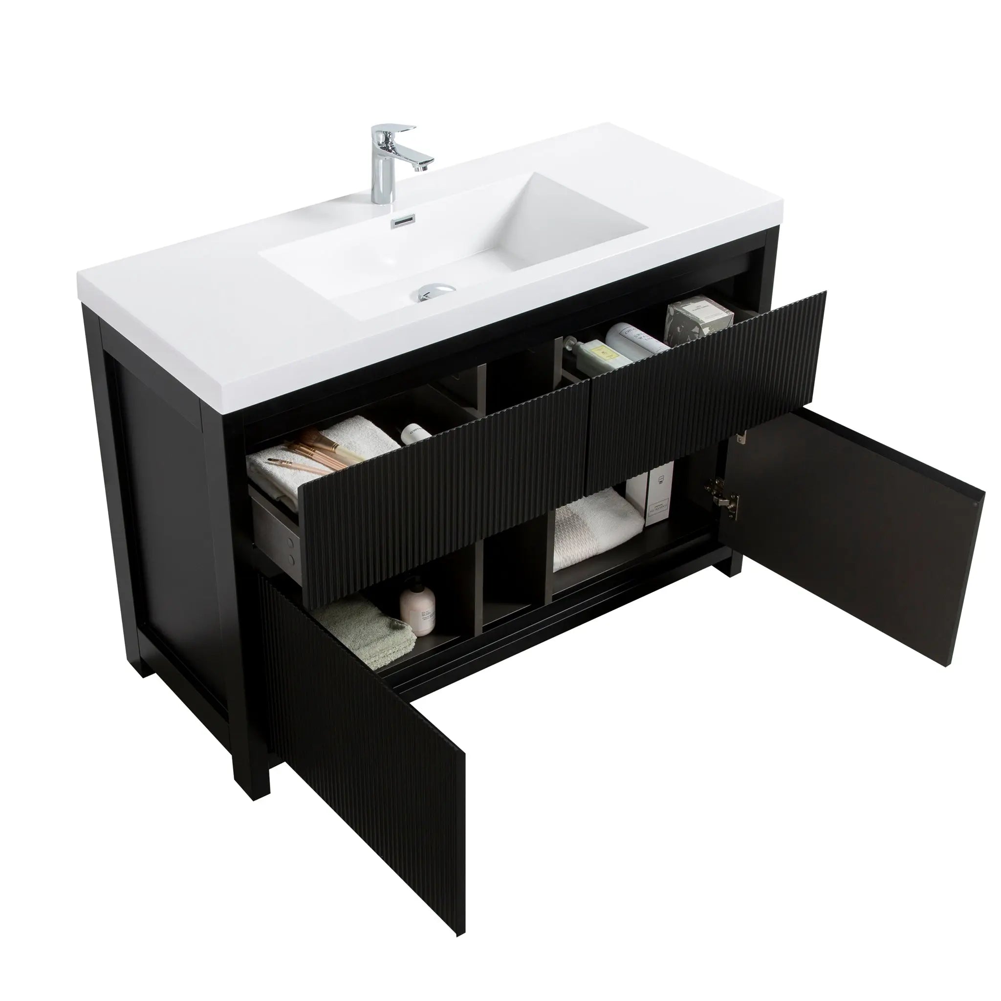 Neos 59 Matte Black Cabinet, Square Cultured Marble Single Sink, Free Standing Modern Vanity Set