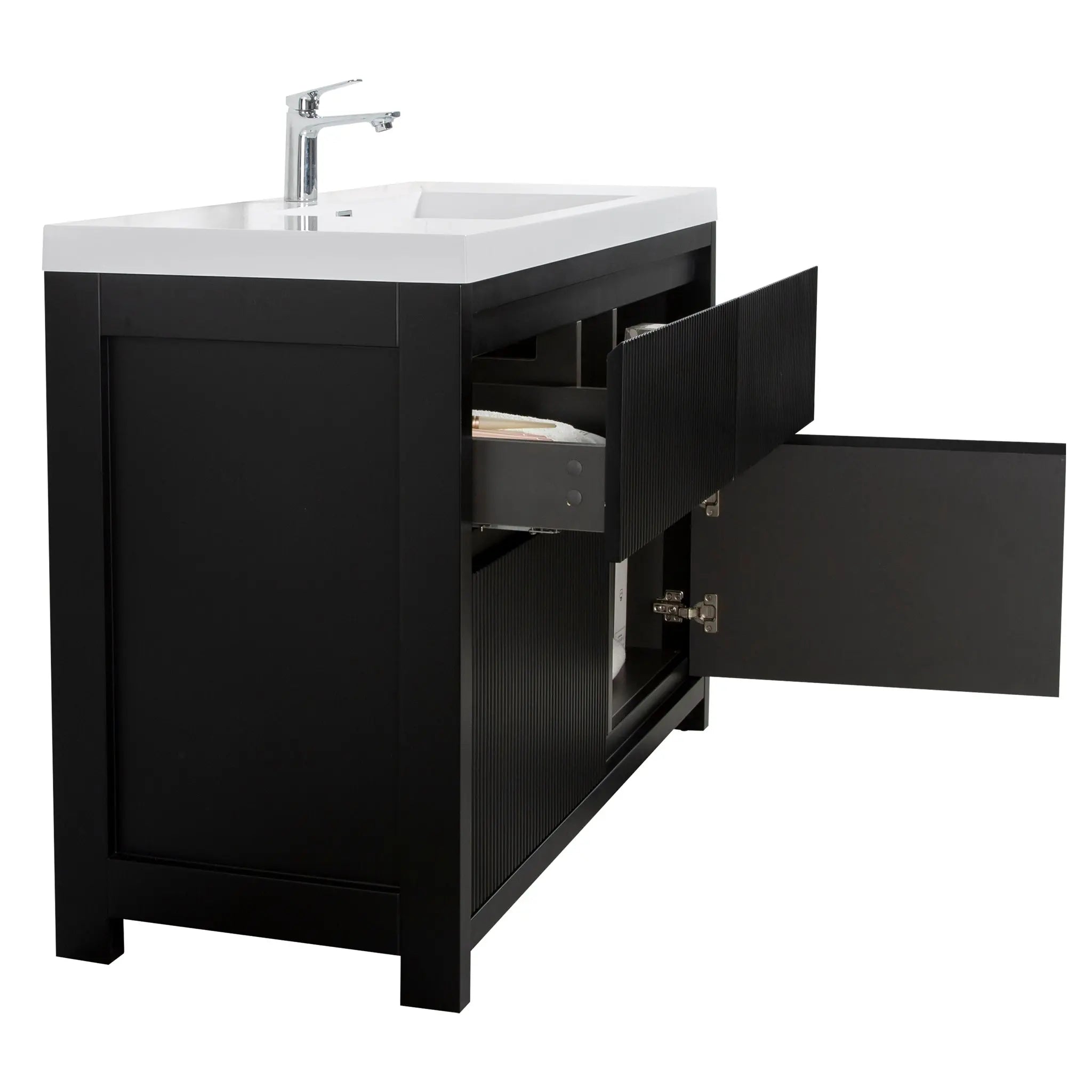 Neos 59 Matte Black Cabinet, Square Cultured Marble Single Sink, Free Standing Modern Vanity Set