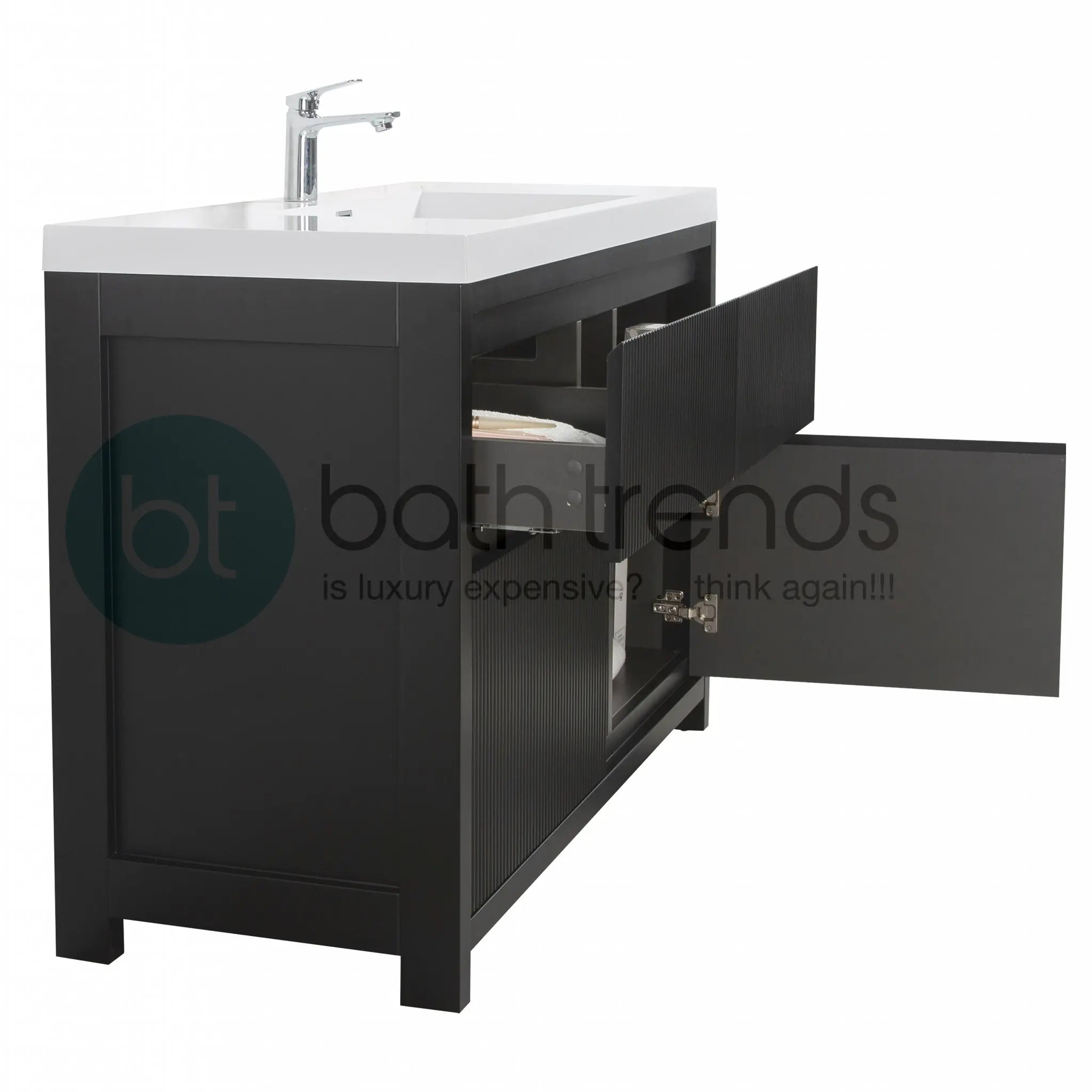 Neos 47.5 Matte Black Cabinet, Square Cultured Marble Sink, Free Standing Modern Vanity Set