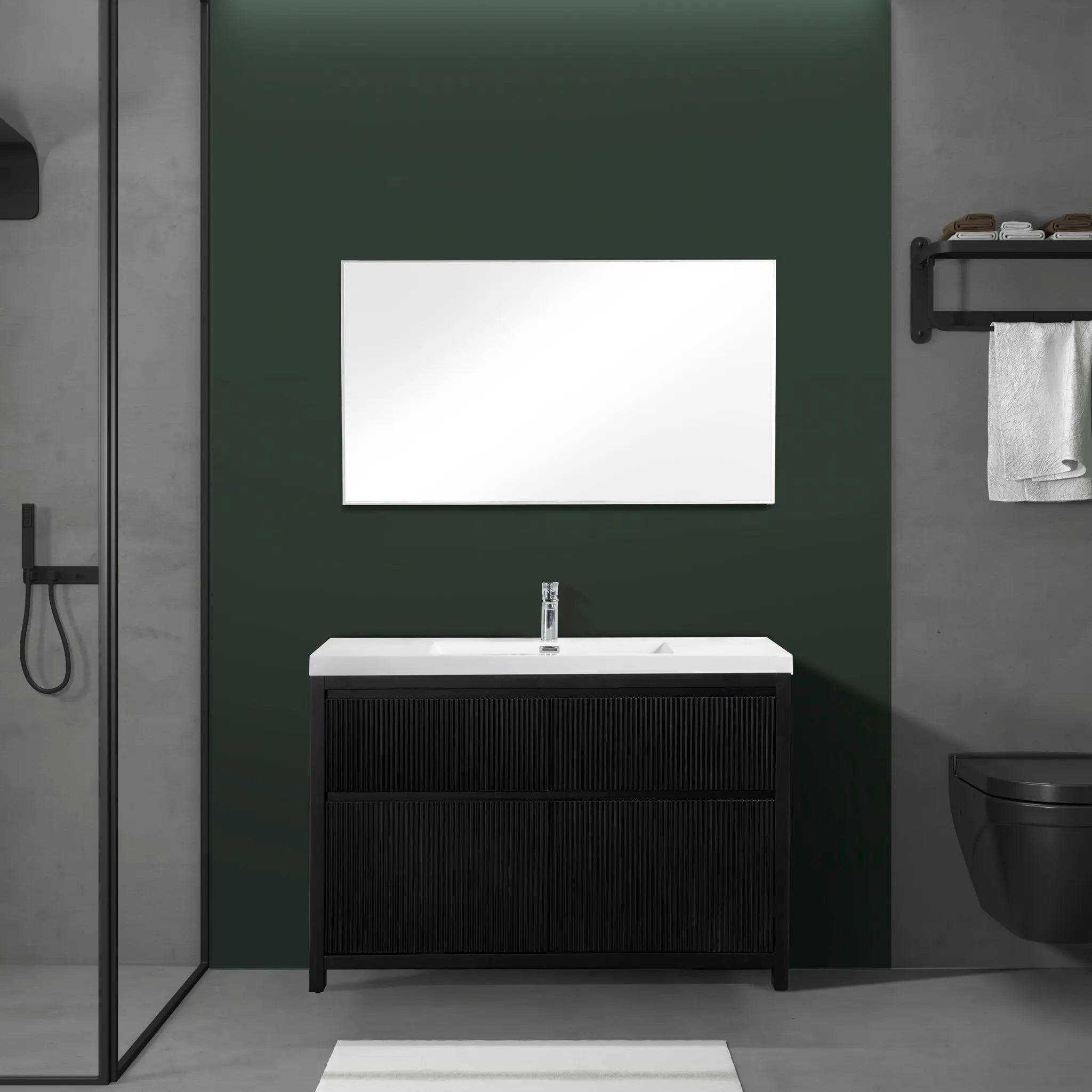 Neos 47.5 Matte Black Cabinet, Square Cultured Marble Sink, Free Standing Modern Vanity Set
