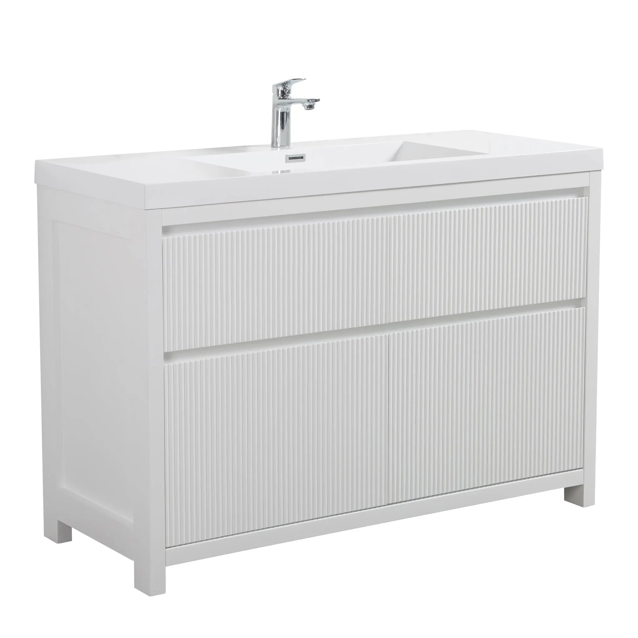 Neos 59 Matte White Cabinet, Square Cultured Marble Single Sink, Free Standing Modern Vanity Set
