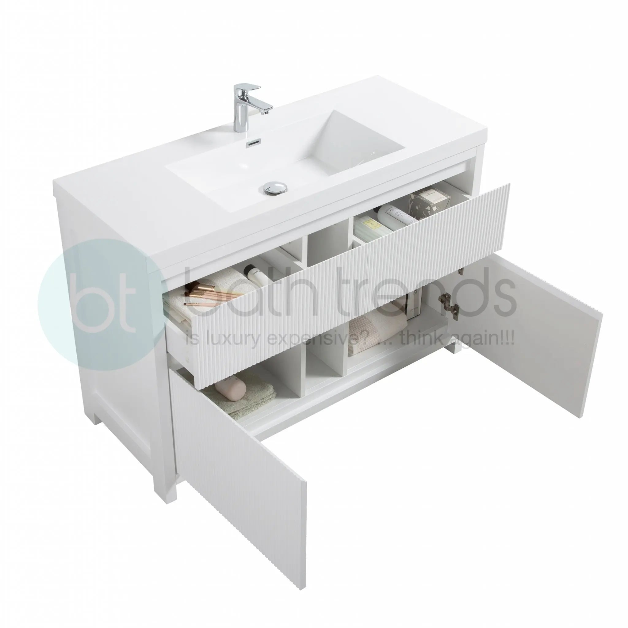 Neos 59 Matte White Cabinet, Square Cultured Marble Single Sink, Free Standing Modern Vanity Set