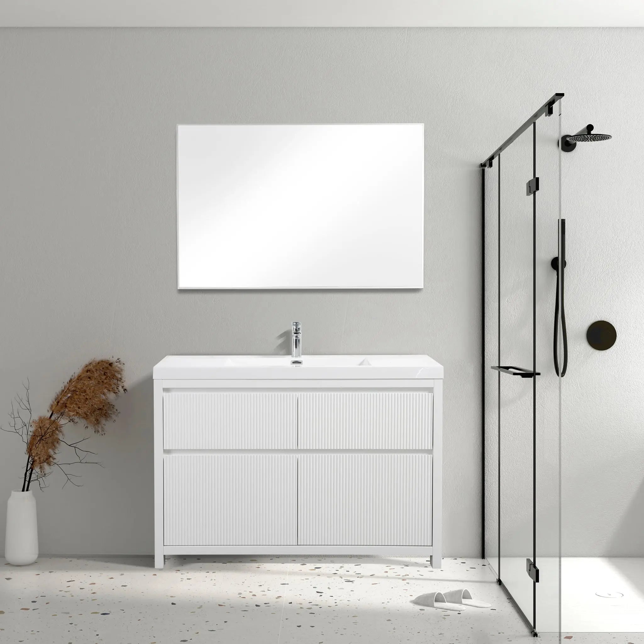 Neos 59 Matte White Cabinet, Square Cultured Marble Single Sink, Free Standing Modern Vanity Set