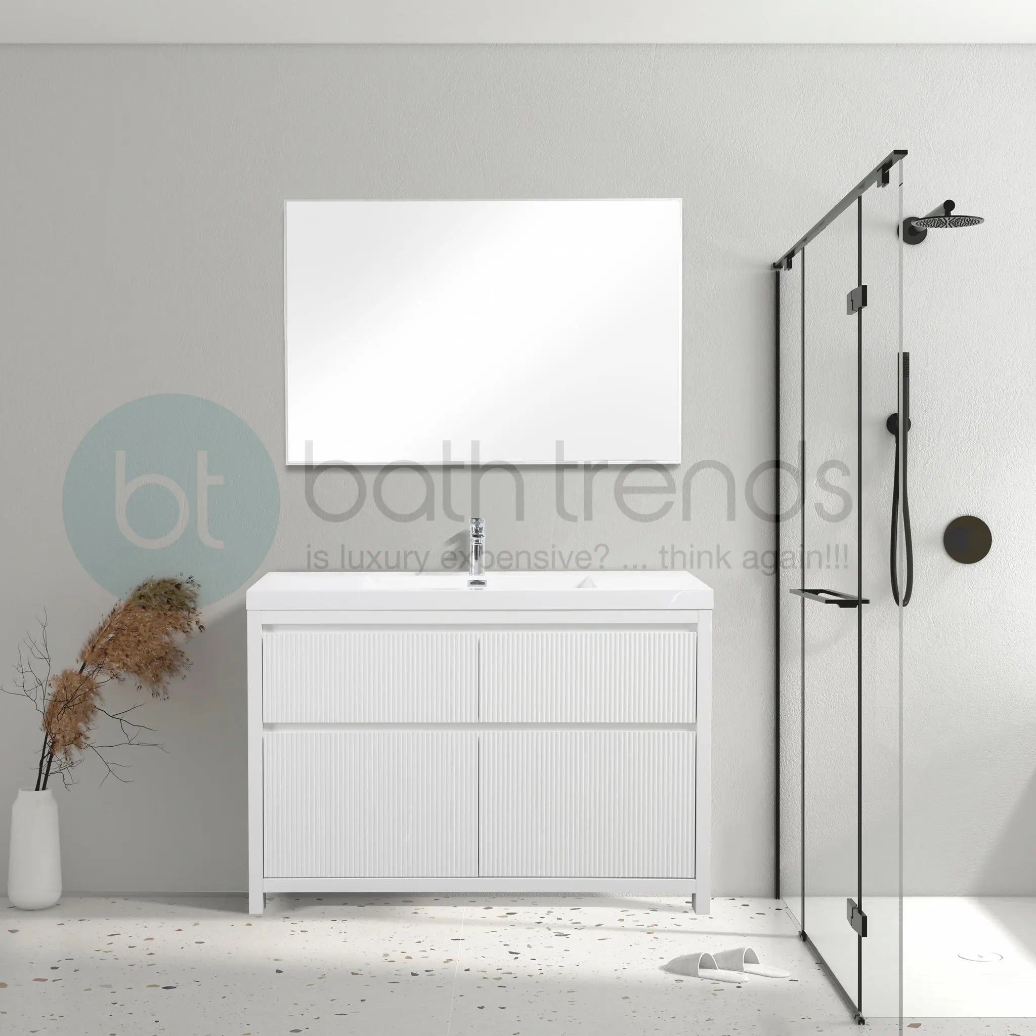 Neos 47.5 Matte White Cabinet, Square Cultured Marble Sink, Free Standing Modern Vanity Set