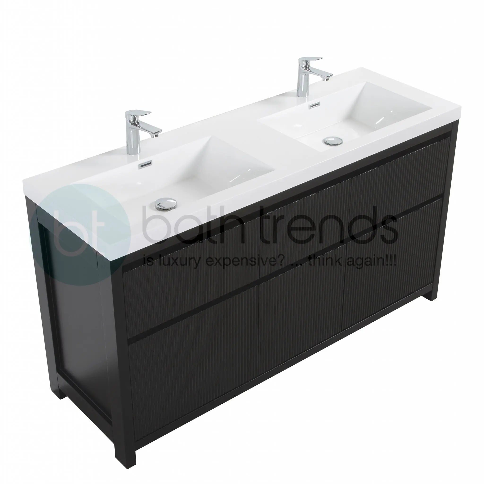 Neos 59 Matte Black Cabinet, Square Cultured Marble Double Sink, Free Standing Modern Vanity Set