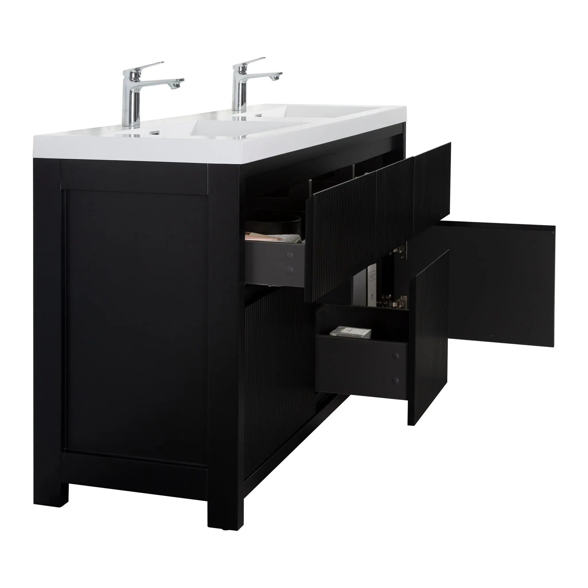 Neos 59 Matte Black Cabinet, Square Cultured Marble Double Sink, Free Standing Modern Vanity Set